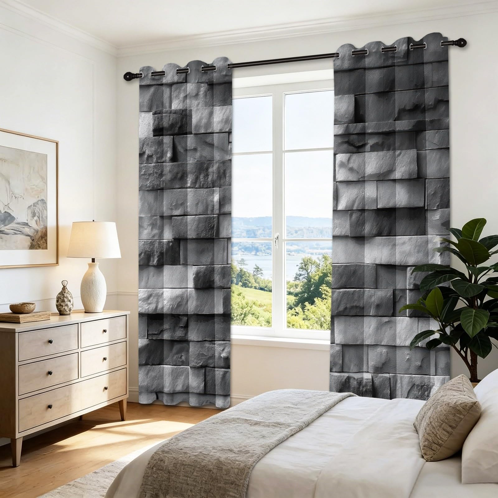Vorhänge Blickdicht Verdunkelungsvorhang mit Ösen Gardinen, Industriell Modern Grau Steinwand Quadrate Textur Thermovorhang Vorhang Fensterschal für Wohnzimmer Schlafzimmer, 2er Set H 200 x B 70 cm
