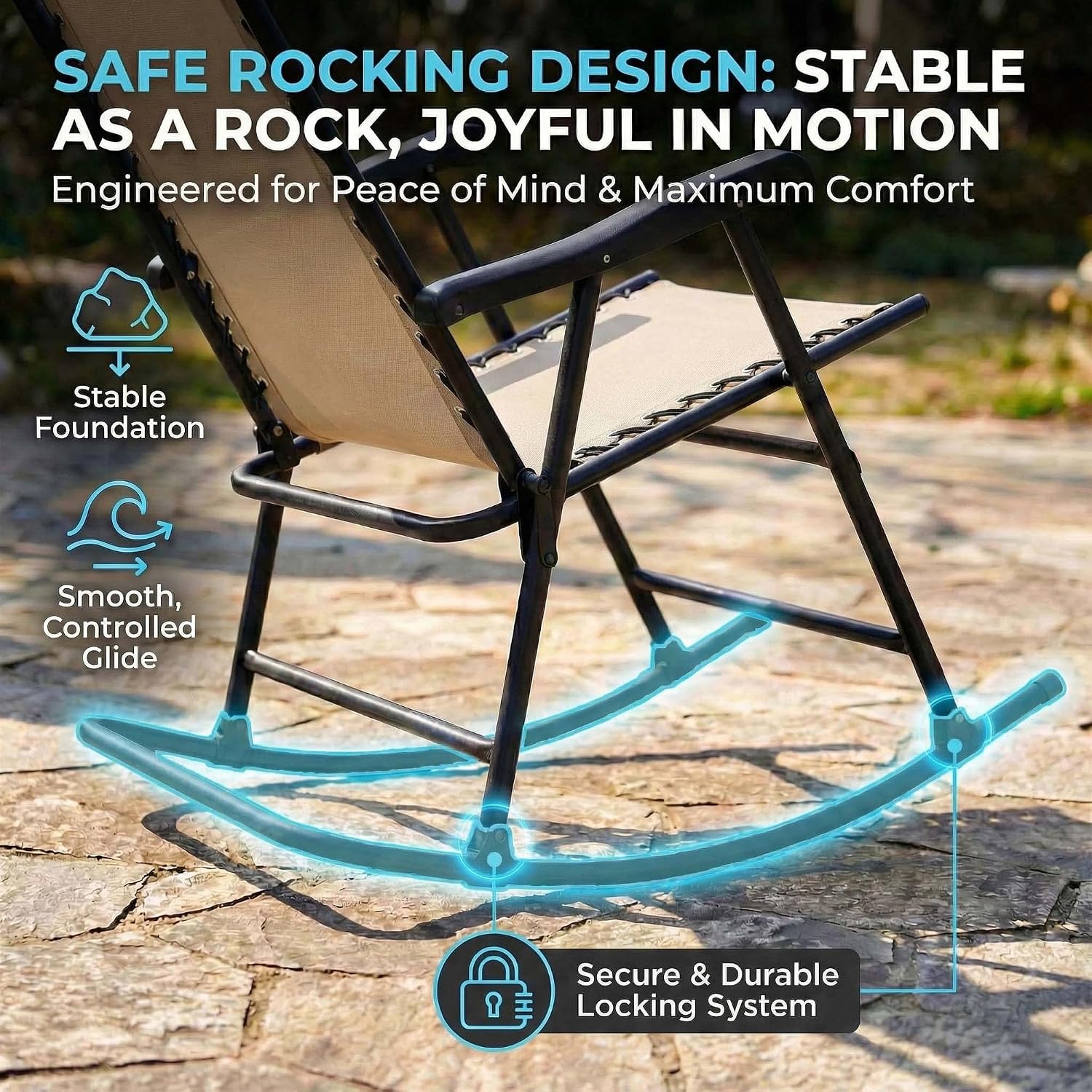 HRVEOCEI Outdoor Folding Rocking Chair Set of 2, Portable Rocker Camping Chairs with High Backrest & Headrest, Rocking Lawn Chair for Outside Beach Porch Poolside (Khaki)