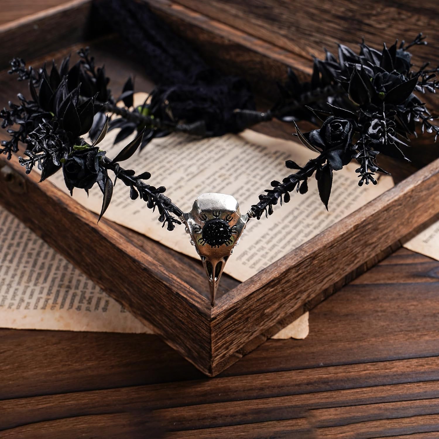 MOSTORY Black Elf Flower Crown - Gothic Raven Skull Headpiece Witch Headband Dark Fairy Circlet for Witch Aesthetic Halloween Cosplay Renaissance Accessory Women Goth Wedding Photo Shoot - Image 5