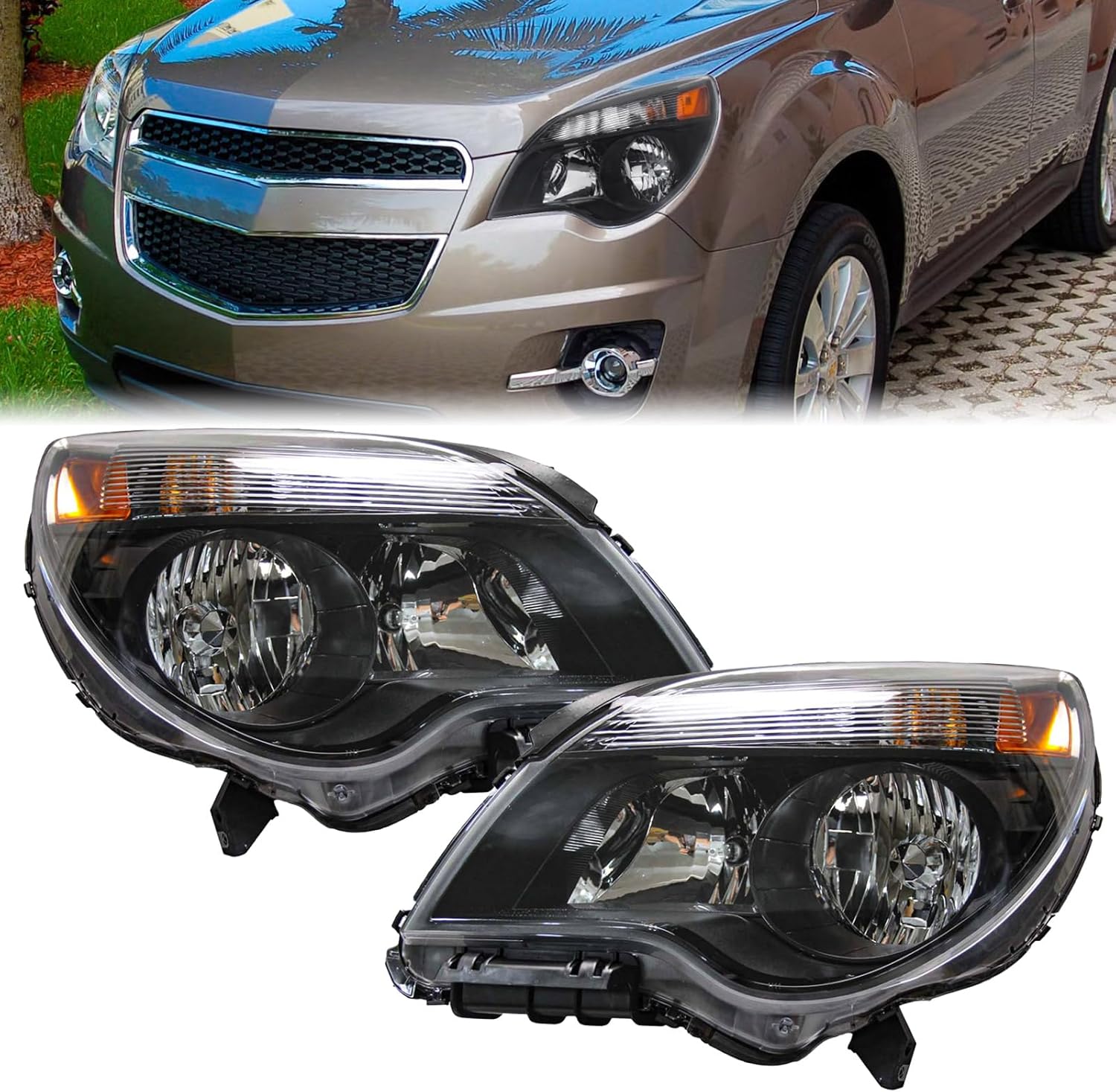 Pair Black Halogen Headlighs Headlamps Assembly Compatible with 2010-2015 Chevy Equinox LS LT with Bulbs Driver and Passenger Side