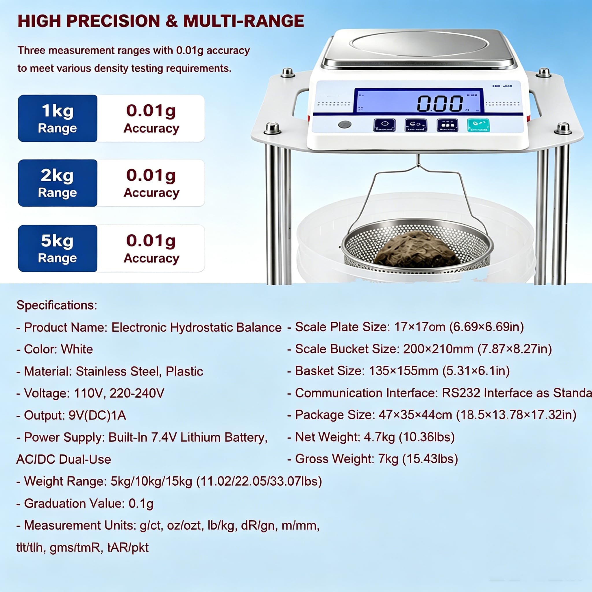 Balanza electrónica de gravedad específica de 0,01 g – Medidor de densidad hidrostático para uso en laboratorios industriales, escala de alta precisión con sensor de fuerza electromagnética 2000g