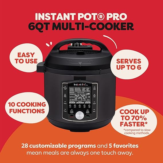 Instant Pot Pro 10-in-1 Pressure Cooker, Slow Cooker, Rice/Grain Cooker, Steamer, Saute, Sous Vide, Yogurt Maker, Sterilizer, and Warmer, Includes App With Over 800 Recipes, Black, 6 Quart