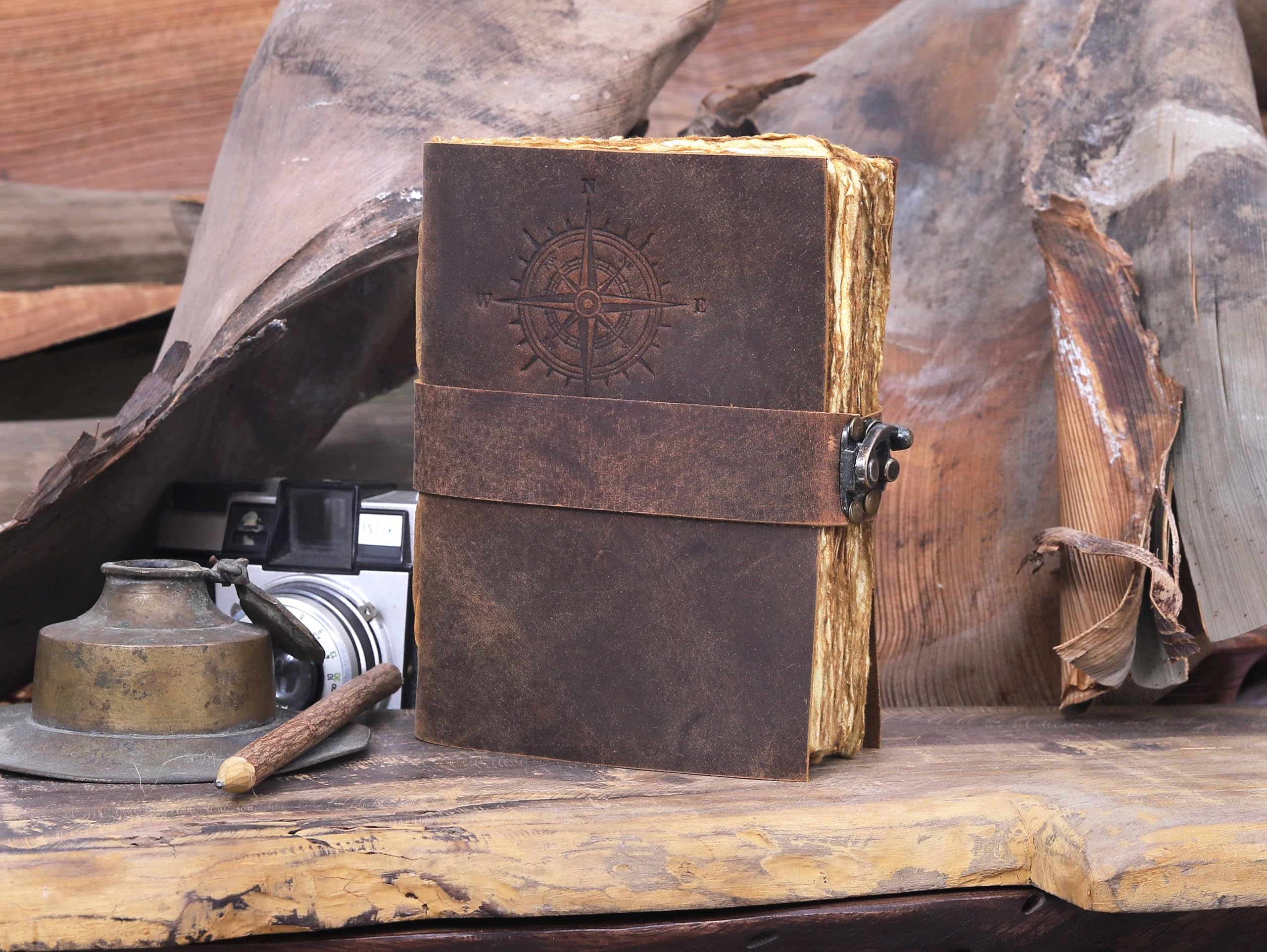 Diario de cuero con brújula, cuaderno de viajero para escribir, bocetos, diario vintage encuadernado en cuero para mujeres y hombres, libro de sombras