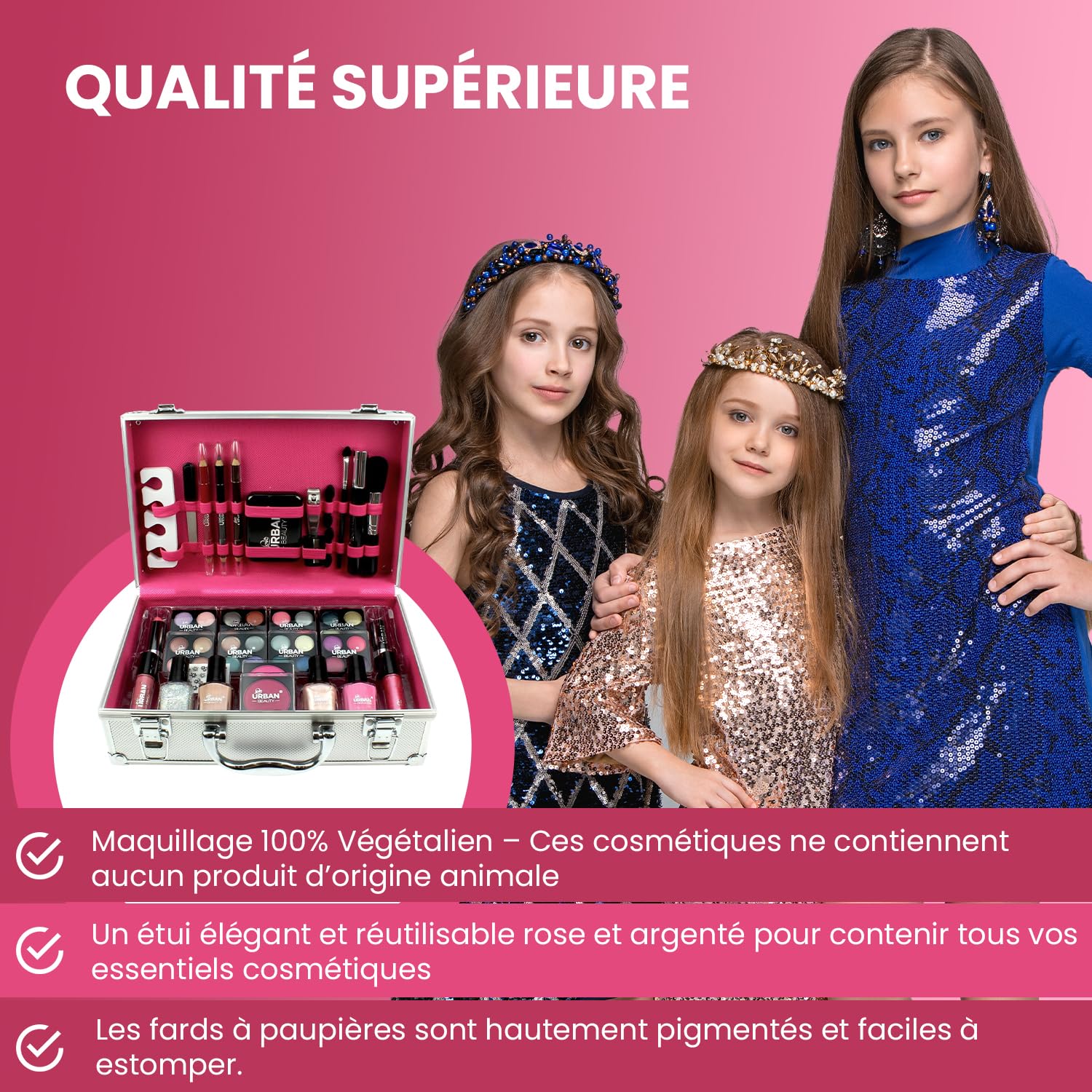 LOVE URBAN BEAUTY Dazzling – Trousse de maquillage végétalienne 60 pièces pour adolescents – Élégante boîte argentée – Design compact et léger – Ensemble de maquillage pour femme facile à transporter