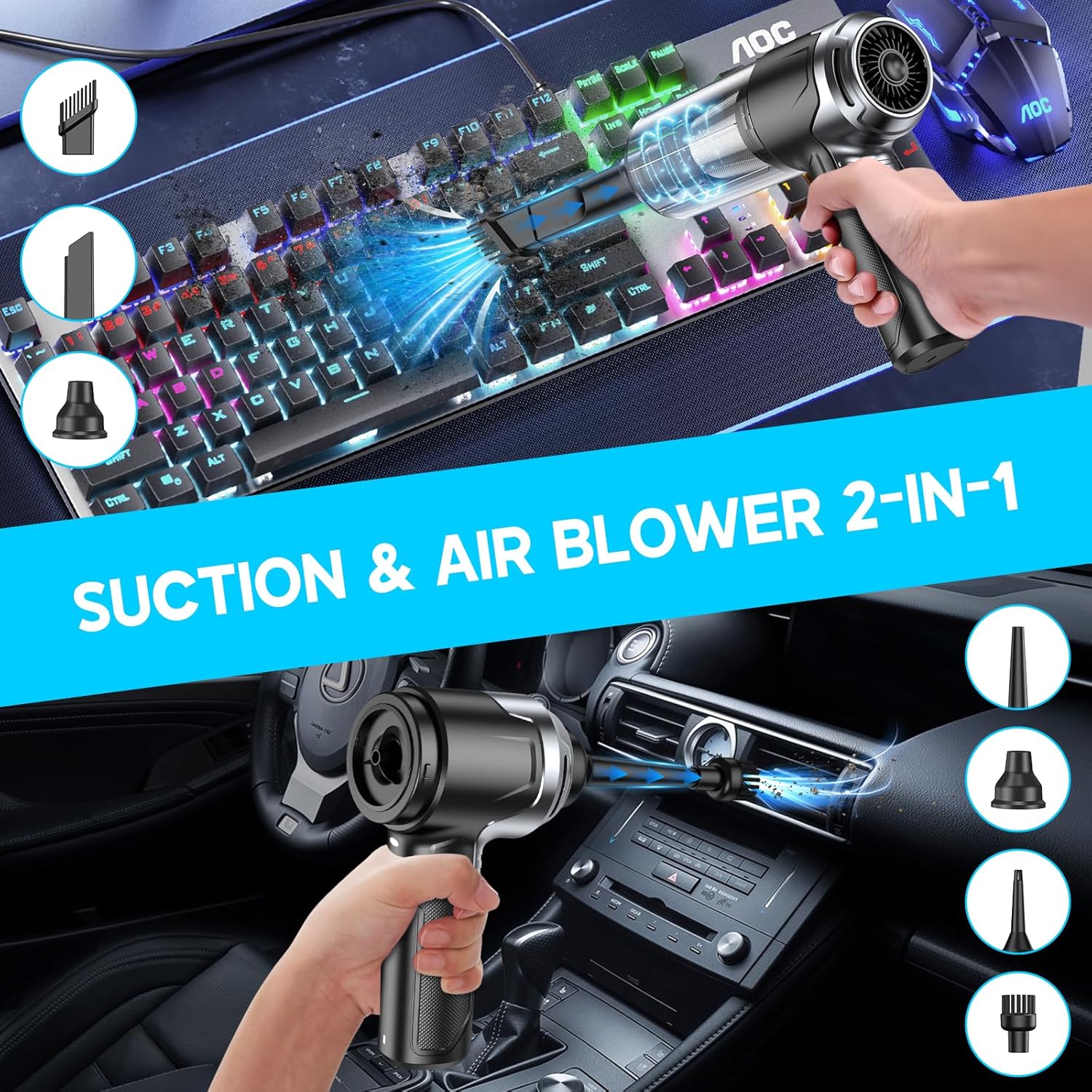 KMM Handheld Car Vacuum Cleaner, 10000PA Vacuum Cleaner & Air Duster, 120W High Power Vacuum Portable Cordless, Hand Held Vacuum Rechargeable with Multi-Nozzles & LED Light for Home, Car, Office