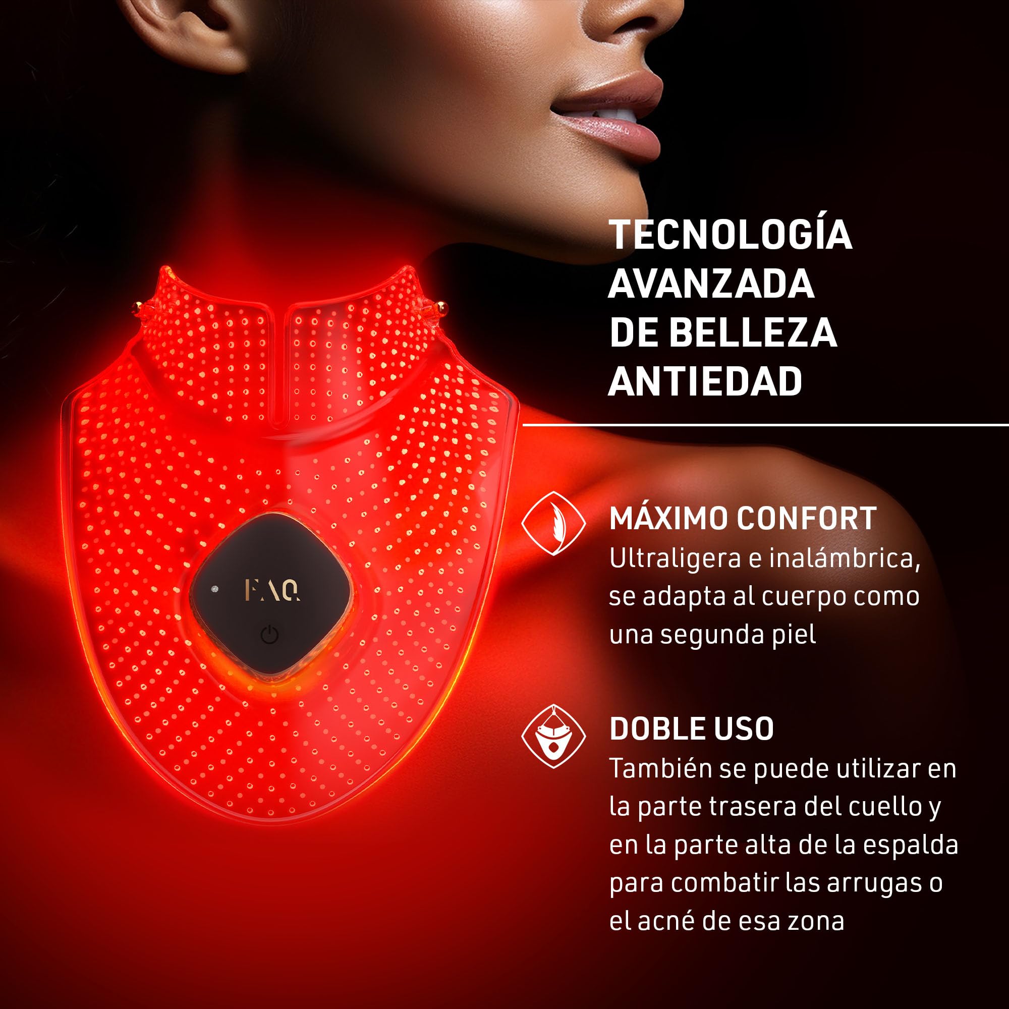 FAQ 211 Máscara antiedad de silicona para cuello y escote con 7 luces LED + NIR - Skincare para líneas de expresión y arrugas - Dispositivo inalámbrico y ligero - Ajuste flexible y cobertura total