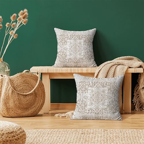 Miniatura 2 de Juego de 3 fundas de almohada bohemias de 16 x 16 pulgadas, fundas de cojín con patrón de alfombra, diseño étnico marrón, beige, blanco, para