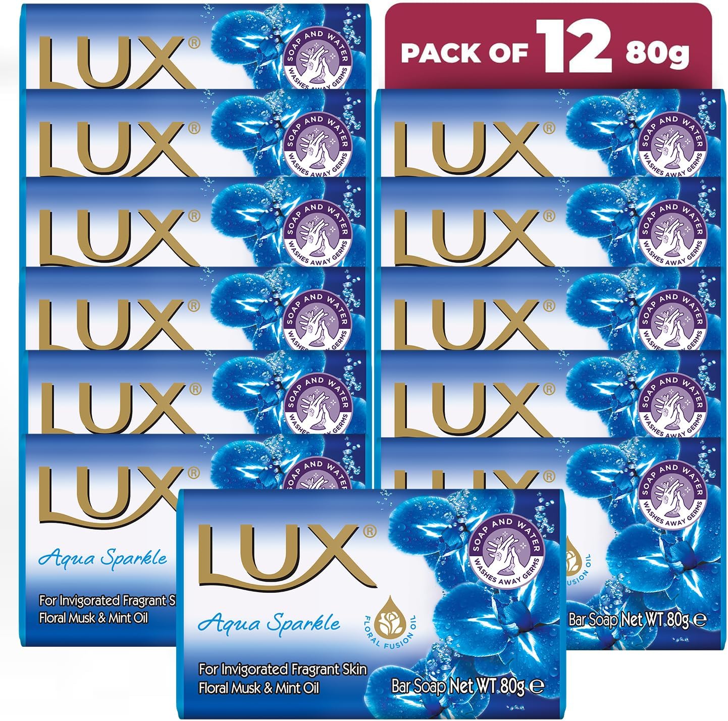 Aqua Sparkle Soap Bar, Floral Musk & Mint Oil, For Invigorated Fragrant Skin, 80g (12 Pack)