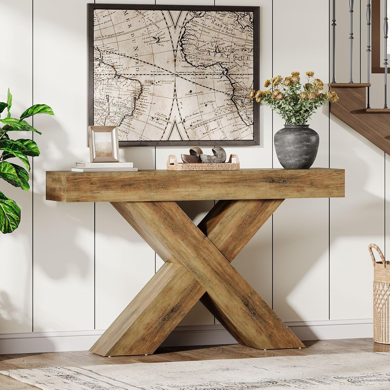 Tribesigns Consola Estrecha De 140 Cm, Estilo Rústico, para Entrada, Mesa De Centro En Forma De X Detrás del Sofá, Ideal para Salón, Entrada, Recibidor O Pasillo, Color Marrón Rústico