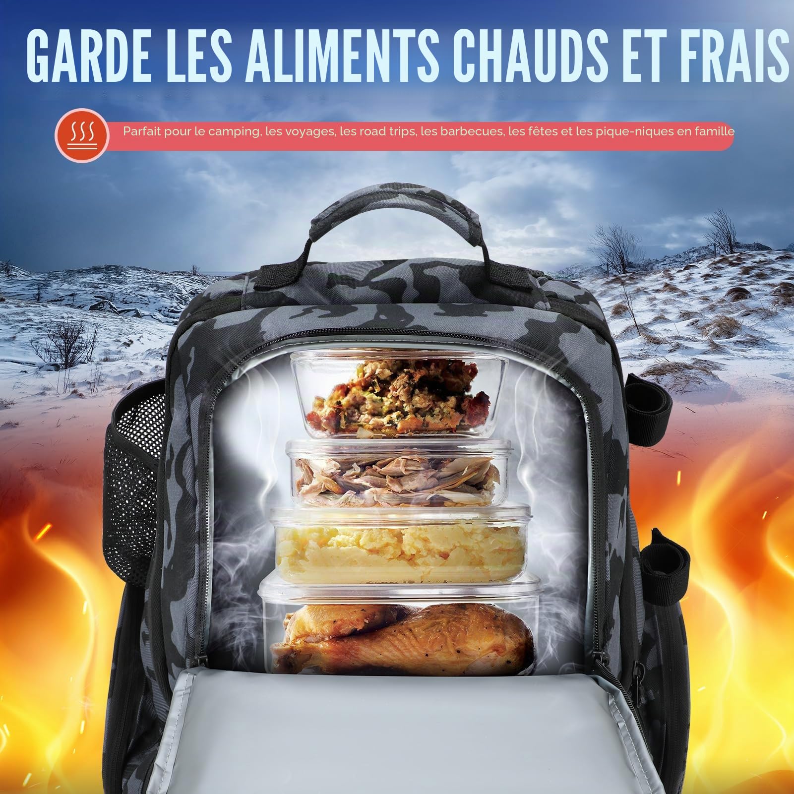PLUSINNO Sac à dos de pêche avec supports de canne et glacière, grand sac de pêche résistant à l'eau, sac à dos de pêche pour le camping, cadeaux de pêche pour homme, père, camouflage noir, camouflage