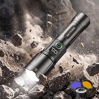 SKYFIRE LED Flashlight High Lumens Tactical with Ignition Lens & Color Lens | 3000 Lumens Bright Rechargeable Flashlights 5 Modes Zoomable Waterproof Flashlight for Home,Camping,Emergency & EDC-Upgraded