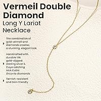 Vista 2 de Faire de la Mode 14k Gold Plated Sterling Silver Lariat Necklace with 2 Cubic Zirconia in a 3.25" Dainty Drop Pendant, 16" - 19" Gold Plated