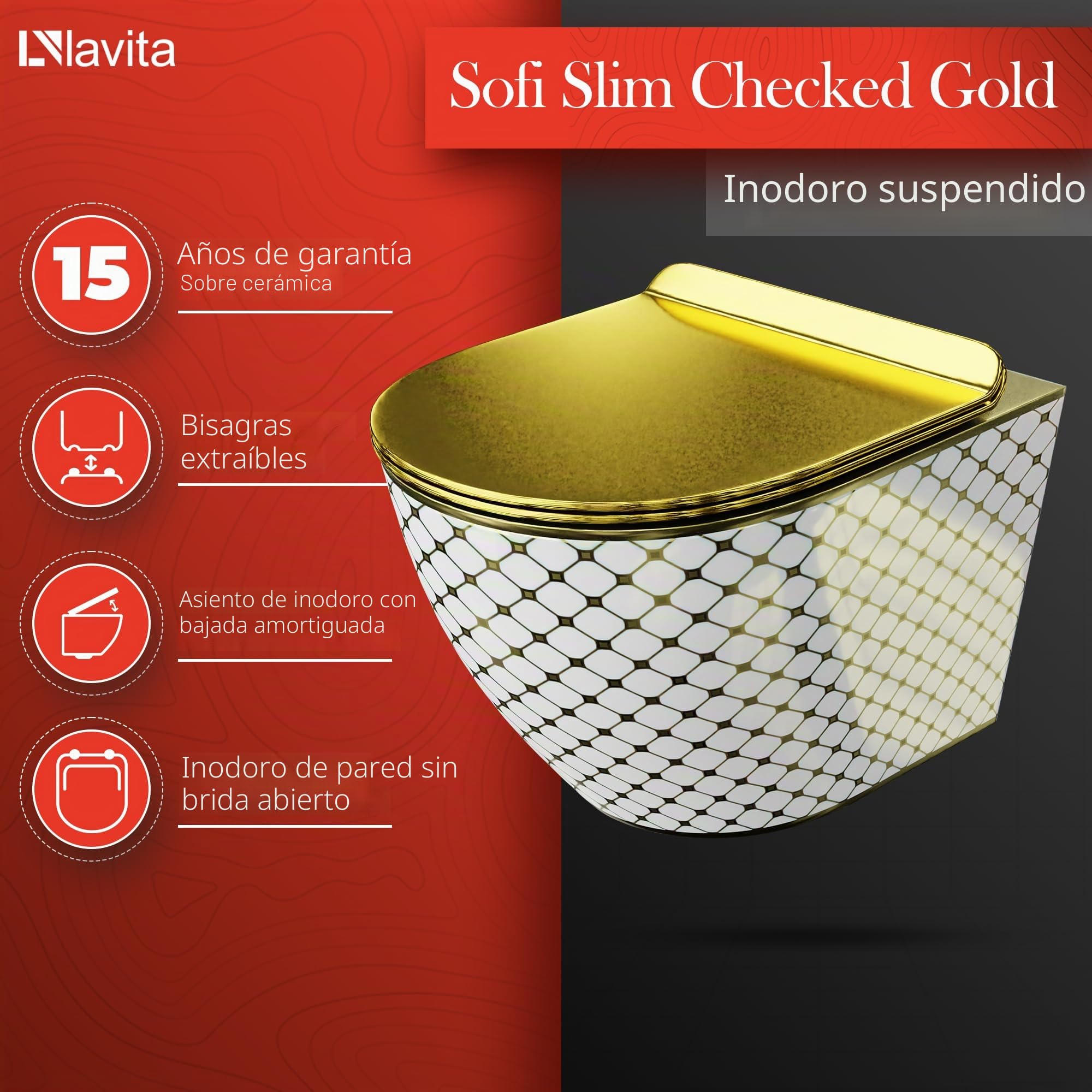 Lavita LAV 101 Elemento de pared para inodoro 40 cm + inodoro SOFI SLIM CHECKED dorado sin borde + placa de control LAV 200.4.5 oro | juego completo | cisterna empotrada