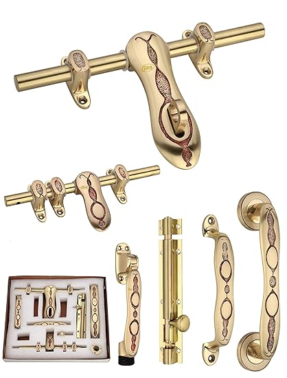 Chitra Vieana Series Brass Heavy Single Door Fitting Accessories Full Set/Kit (1 Aldrop, 1 Latch, 2 Handles, 1 Tower Bolt and 1 Door Stopper) (10 Inch, Matt Brush Golden Copper)