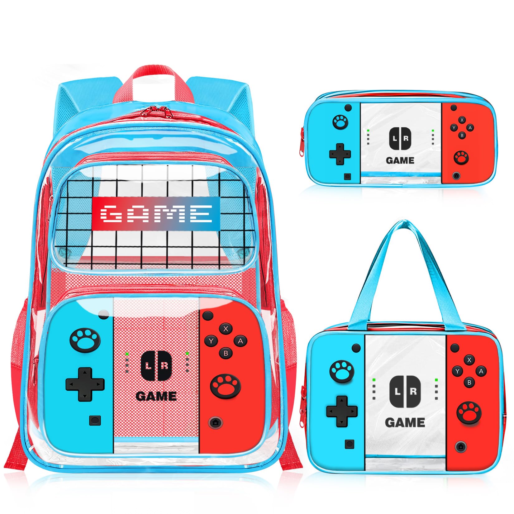 JIRAIKEI Boys Clear Backpack for School - Gamer Kids Clear Backpacks for Boys,3PCS Heavy Duty Transparent Bookbag and Lunch Box Set - See Through PVC