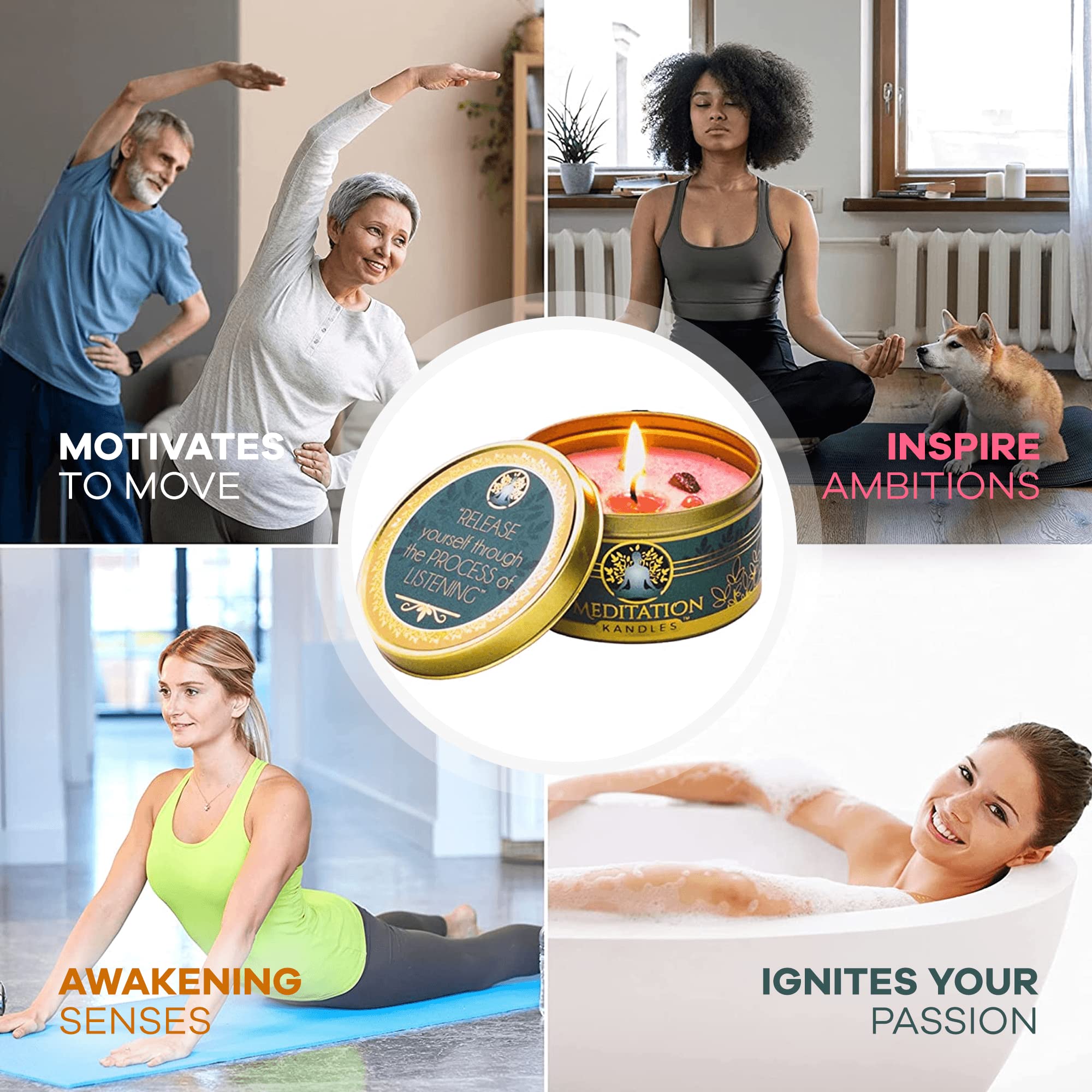 Meditationskerzen mit Kristallen | Natürliche Aromatherapie-Kerzen zur Entspannung & Heilung | Stressabbau-Kerzen für Yoga, Meditation & Selbstpflege | 4er-Pack Geschenkset