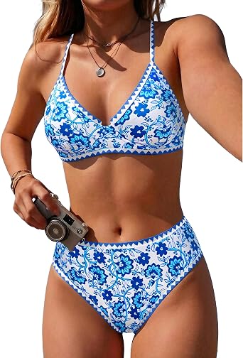 Jolefille Women High Waisted Bikini Sets-Tummy Control Swimsuit 2 Piece Bathing Suit Full Coverage Teens Underwire Top Floral