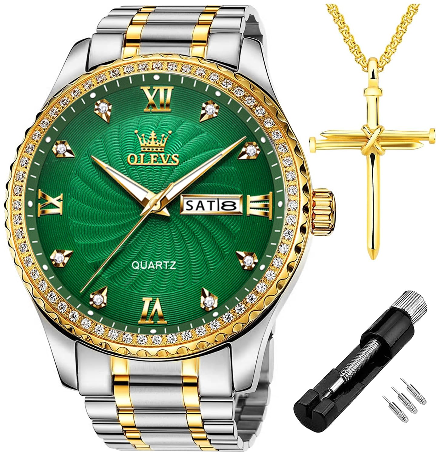 OLEVSDiamond Watches for Men,Business Dress Watch Waterproof Luminous,Male Golden Big Dial Luxury Casual Quartz Analog Watches with Day Date Calendar and Stainless Steel Band