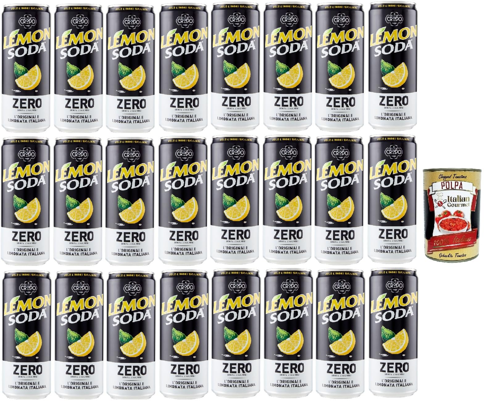 Lemonsoda zéro rafraîchissement de la boisson au citron limonade, sans sucre ajouté, boisson gazeuse italienne à aromatisation au citron, sans sucre, 24x 33cl + Italian Gourmet polpa 400g