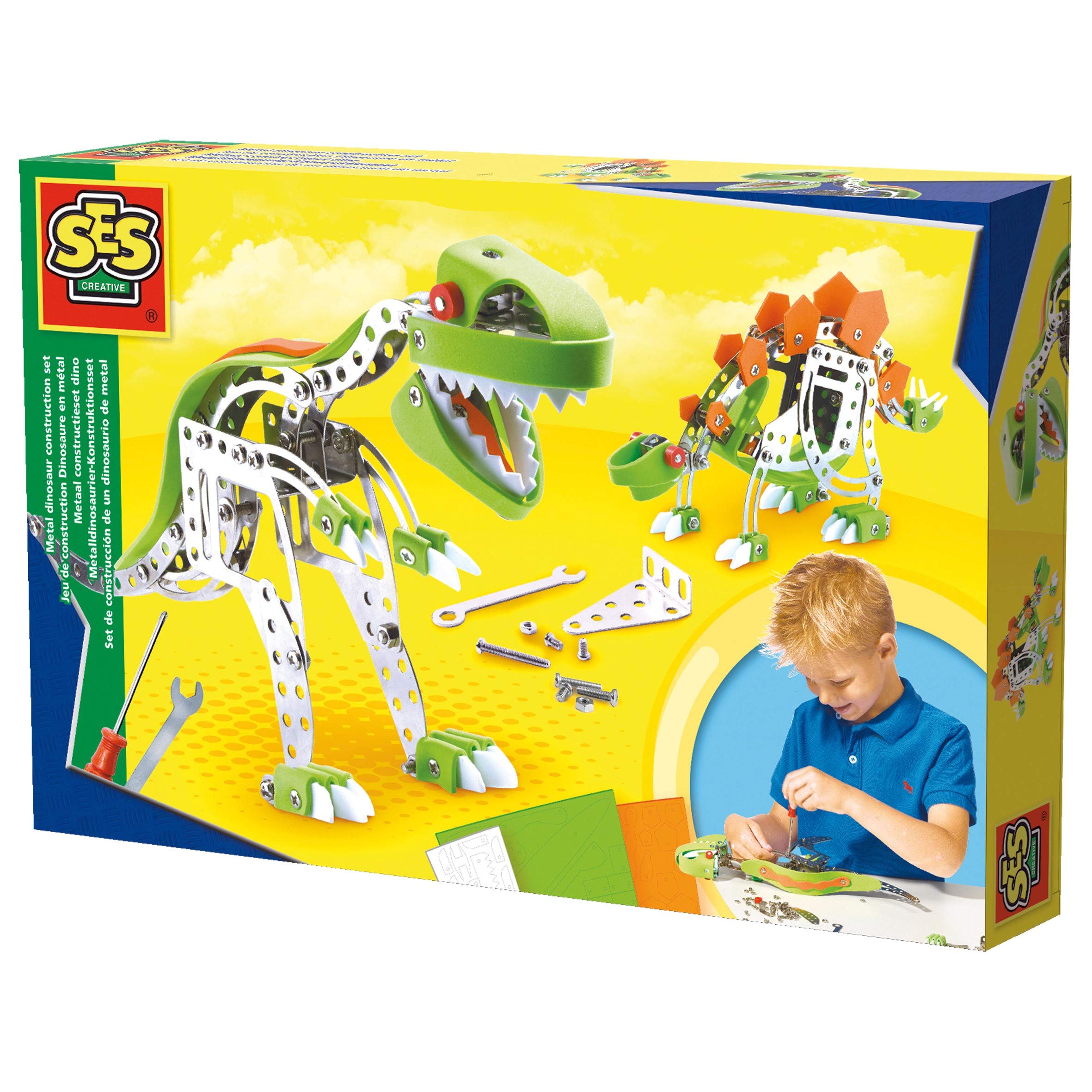 SES Creative 14958 - Dinosaure métallique à construire, construit ton propre dinosaure, comprend un tournecis et une clé à molette, pour les enfants