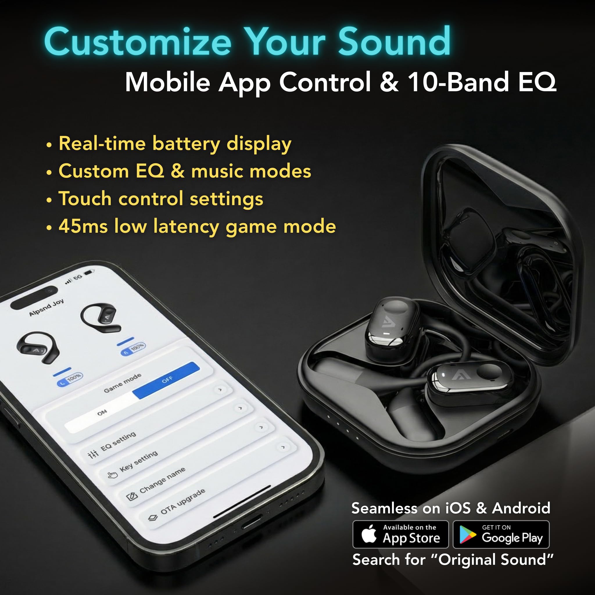 Auricolari con qualità del suono HD senza fili aperti, chiamate vocali chiare con tecnologia ENC a 4 microfoni, Bluetooth 5.4, resistenza all'acqua IPX4, durata della batteria di 40 ore, app mobile