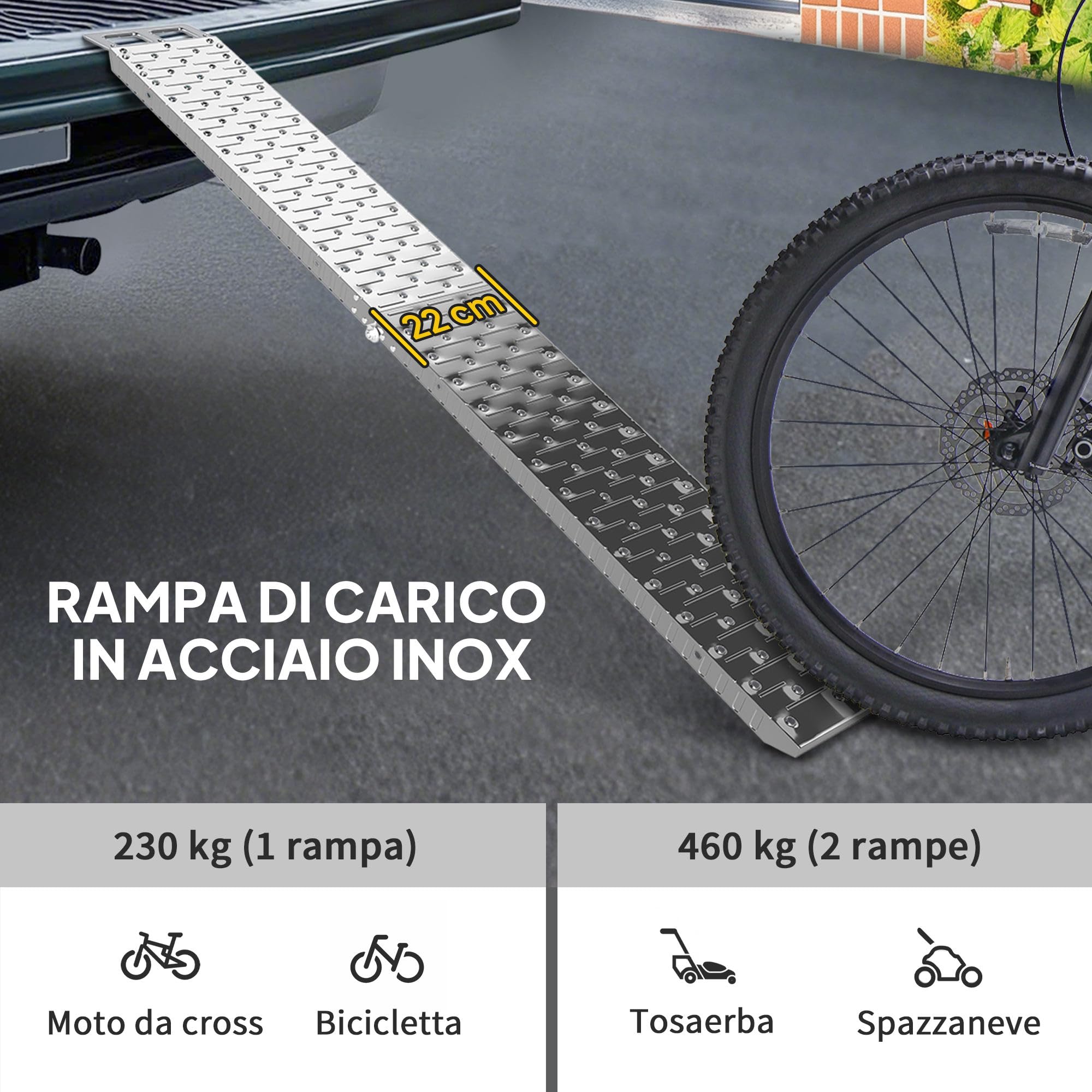 HOMCOM Rampa di Carico Pieghevole in Acciaio con Carico Massimo 230 kg, Rampa per Moto Antiscivolo Salvaspazio per Ruote Larghe 22 cm, per Motociclette e Bici, 190x22x8 cm, Argento