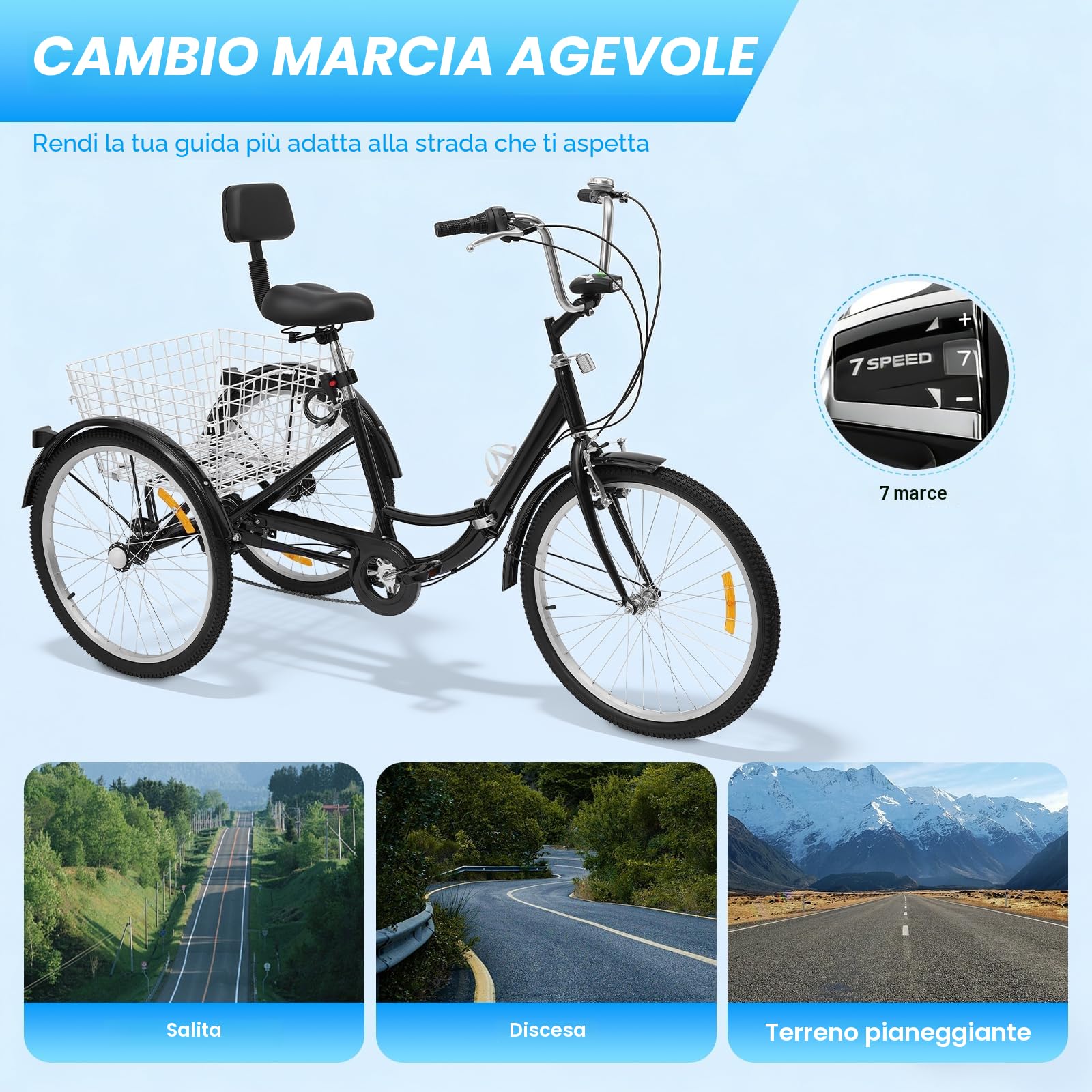 triciclo per adulti 24 pollici, cruiser bicicletta con lampada da moto, cestino e riflettori, velocità regolabile, 120 kg, bianco
