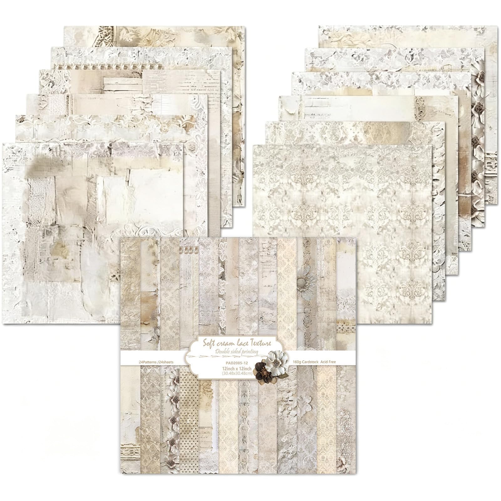 24 Sheets Scrapbook Paper, 12 Inch/30cm Double-Sided Vintage Lace Patterned Scrapbooking Supplies for DIY Photo, Album and Scrapbook Decoration (Soft Cream Lace Texture)