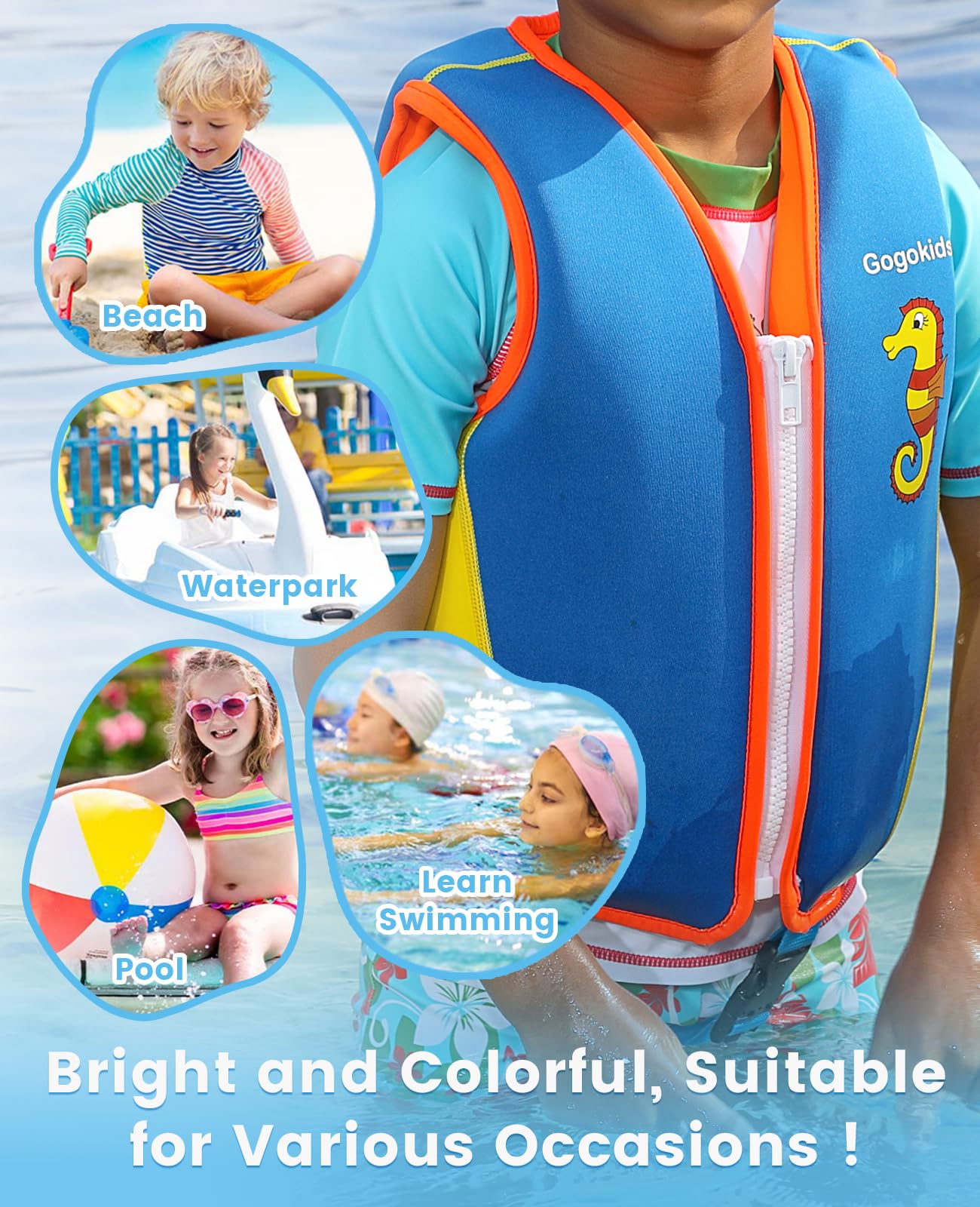 Gilet De Natation Gogokids Enfant 1-9 Ans - 14 Flotteurs Amovibles, Néoprène, Pour Piscine Et Plage