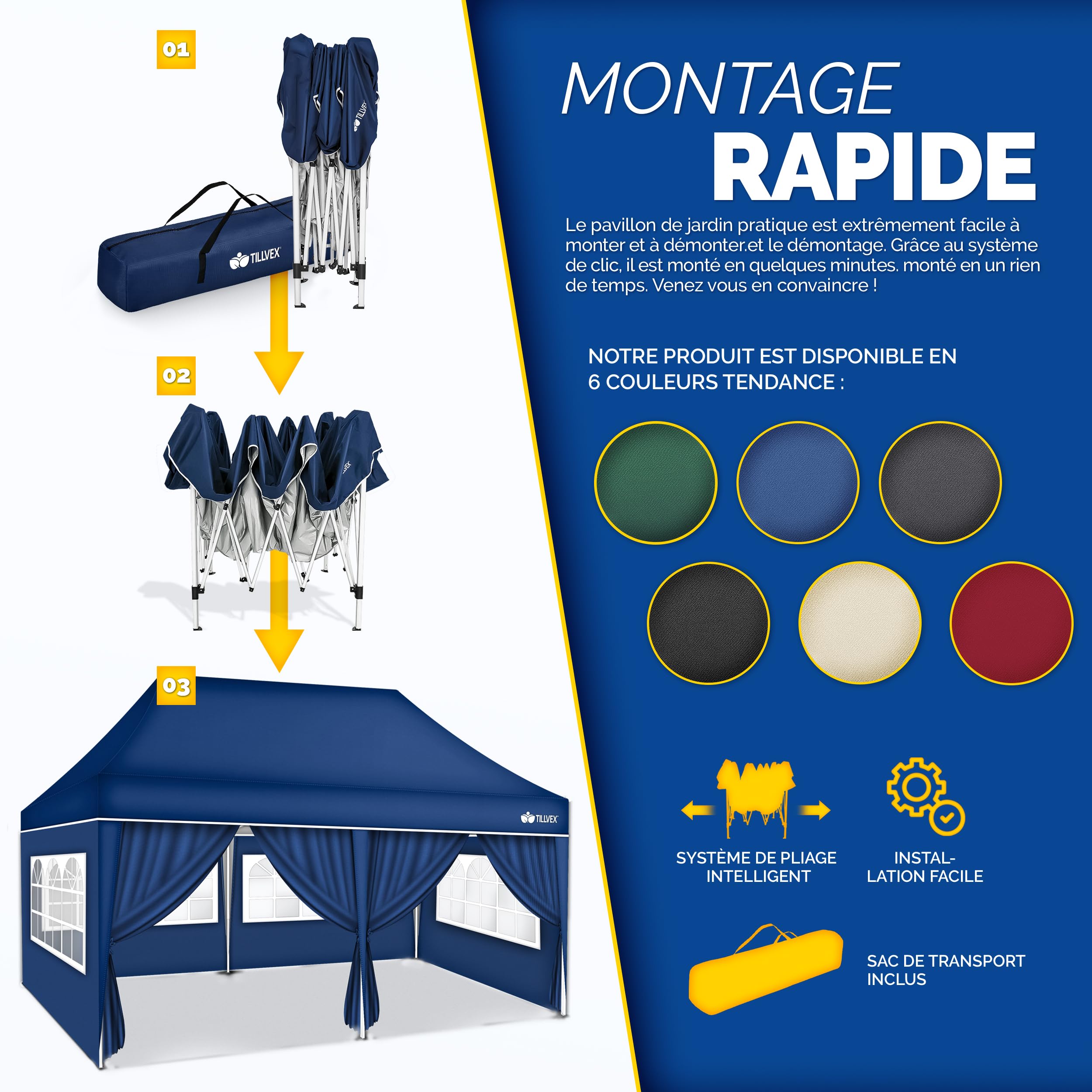 tillvex Tonnelle étanche 3 x 6 m pliable pop-up réglable en hauteur | Tente de jardin, protection UV 50+, tente de réception avec sac (bleu, avec 6 panneaux latéraux)