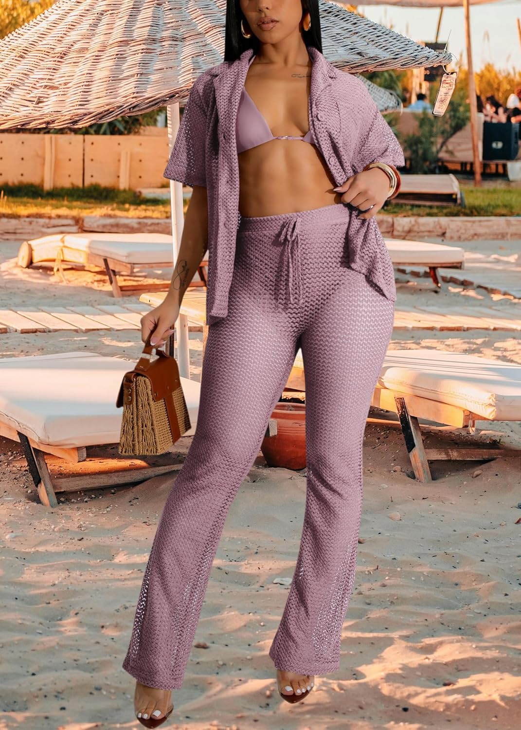 ZERMOM Women's 2 Piece Crochet Outfits Hollow Out Swimsuit Button Up Tops Wide Leg Pants Beach Sets