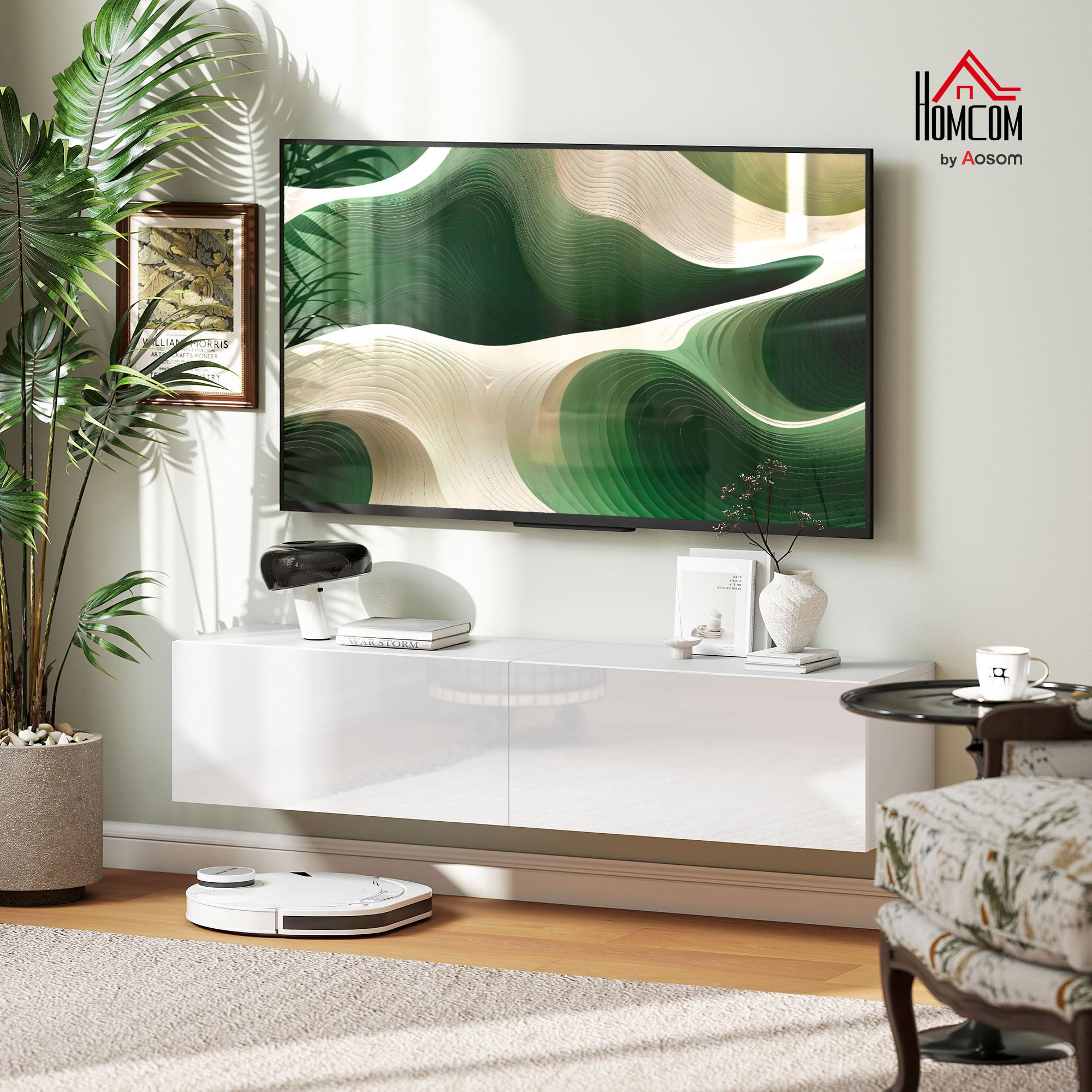 HOMCOM Mobile TV Sospeso per Televisori 45"-55"-65" Mobile Porta TV con 2 Armadietti con Ante a Ribalta per Salotto, Soggiorno e Camera da Letto 140x33x29.8 cm Bianco Lucido