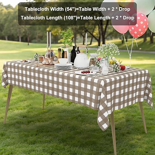 Miniatura 6 de Smiry 3 Pack Khaki Gingham Disposable Tablecloths - 54" x 108" Heavy Duty Plastic Table Cloth, Waterproof Buffalo Plaid Table Covers for Picnic,