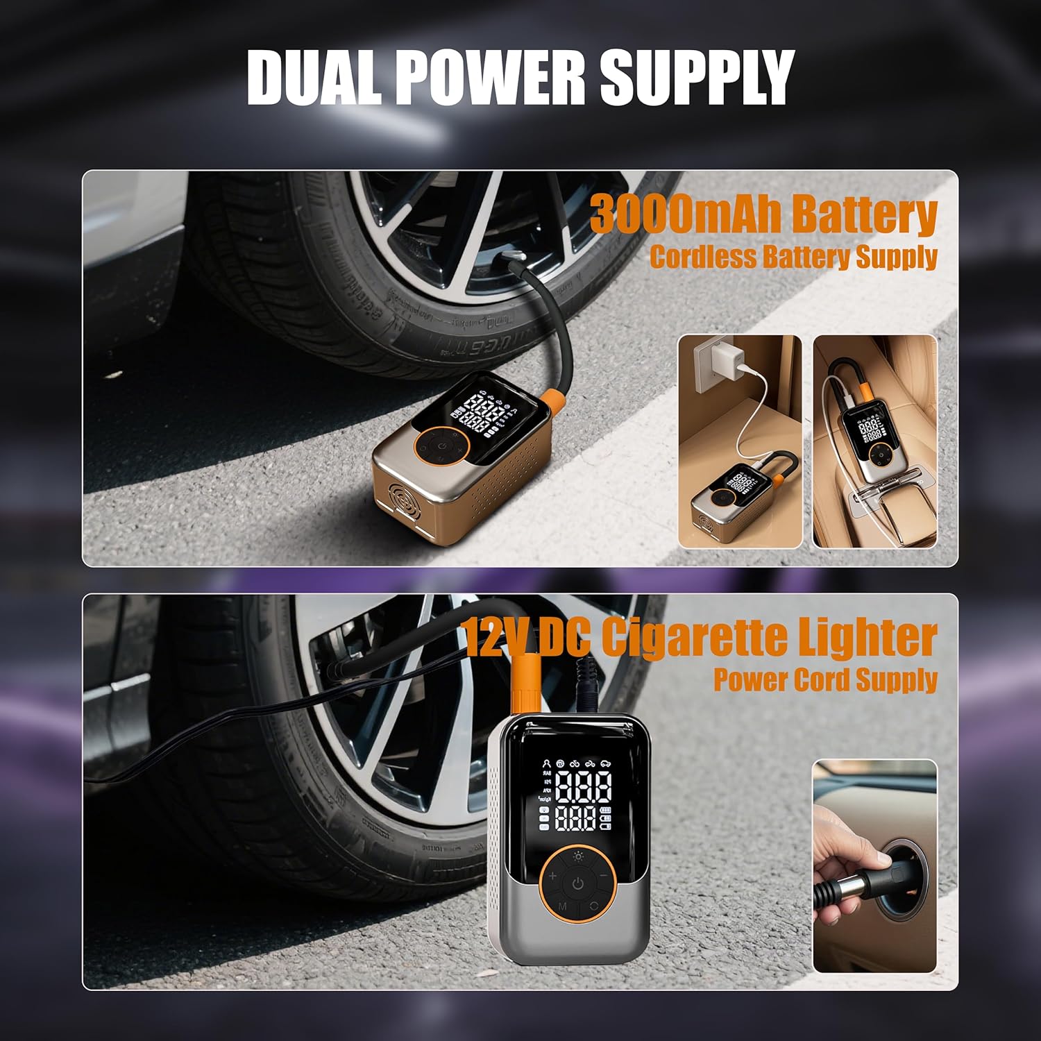 Cordless Tire Inflator, Portable with ​digital pressure gauge​, ​150PSI, ​Auto shut-off​ & LED light​, 12V DC/Rechargeable dual mode​, for ​Car/Motorcycle/Bike/Inflatable