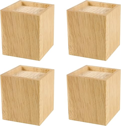 SINJEUN Paquete de 4 elevadores de madera maciza de 4 pulgadas, elevadores de muebles de madera cuadrada natural, extensores de madera para mesa,