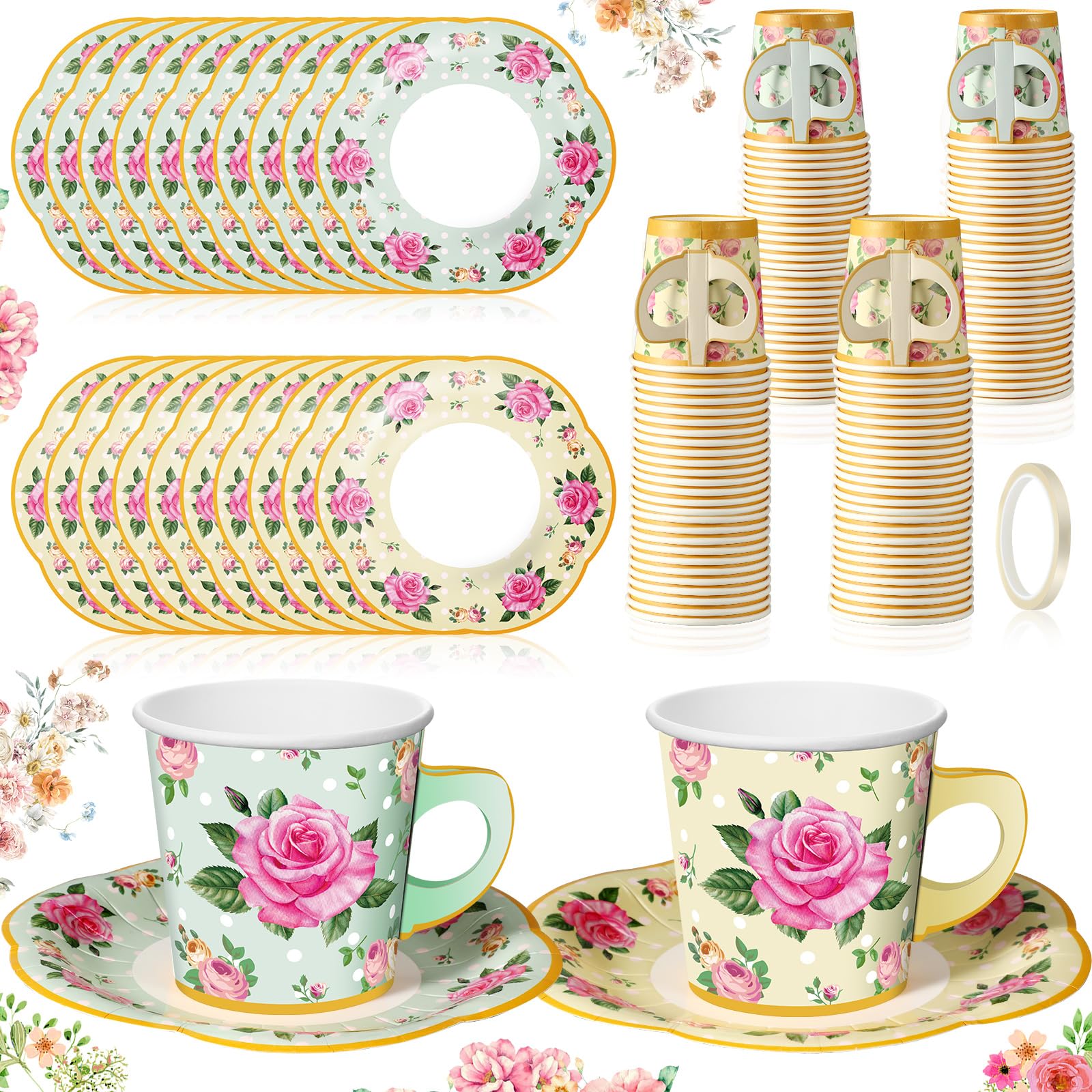 Umigy 60 Sets Tea Party Decorations Floral Paper Tea Cups with Handle and Plates Disposable Blossom Teacups and Saucers Sets with Tape for Hot Cold