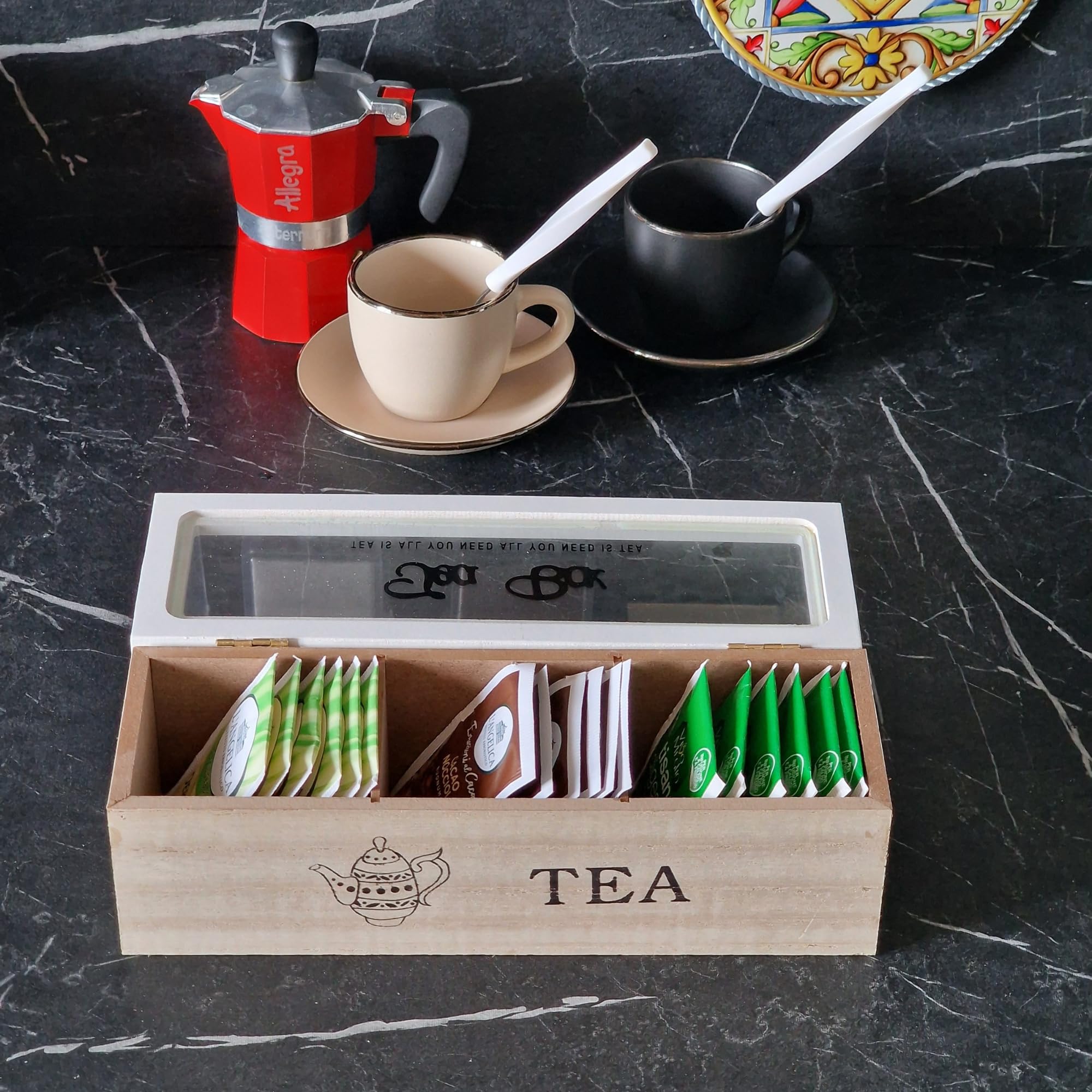 Caja portar infusiones de madera, 3 Tea Box, bolsitas blancas 24 x 8 x 7 cm