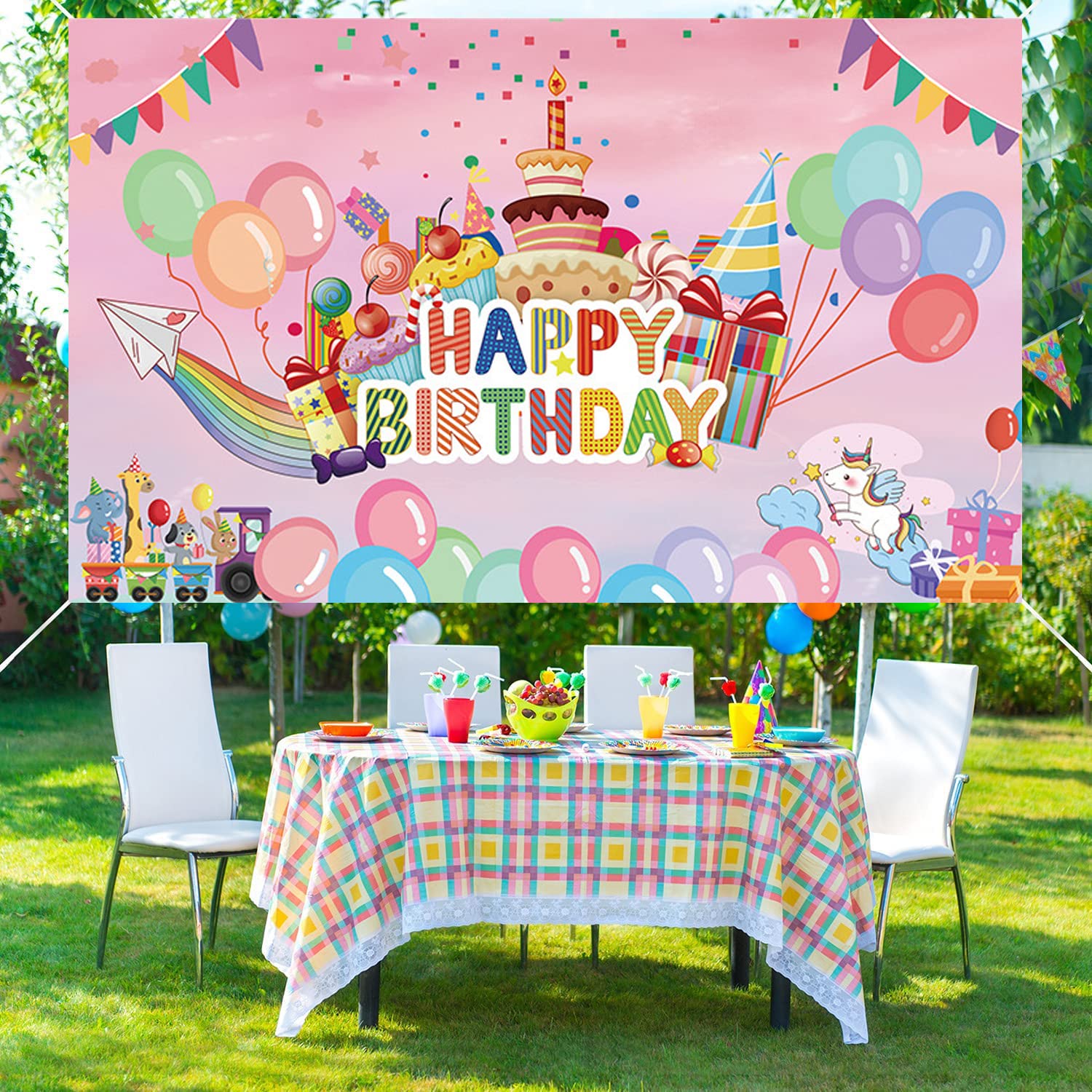Happy Birthday Banner - 6x3.6ft Colorful Balloon Party Backdrop, Polyester Photo Booth Decor For Kids Birthday