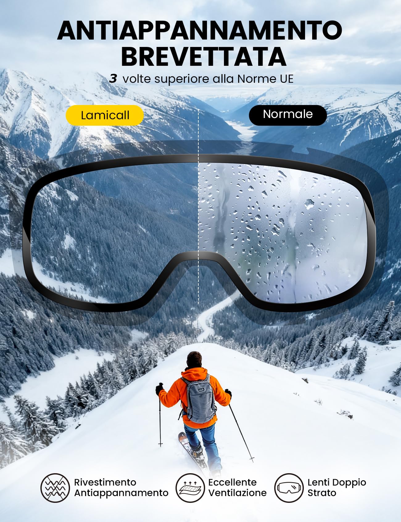 Lamicall Maschera da Sci Uomo, Occhiali da Sci OTG - [Ultra HD & Anti Nebbia Brevettato] Occhiali Snowboard per Donna e Uomo, Ski Mask con UV400 Protezione, Maschera Snowboard con Cinturino Regolabile