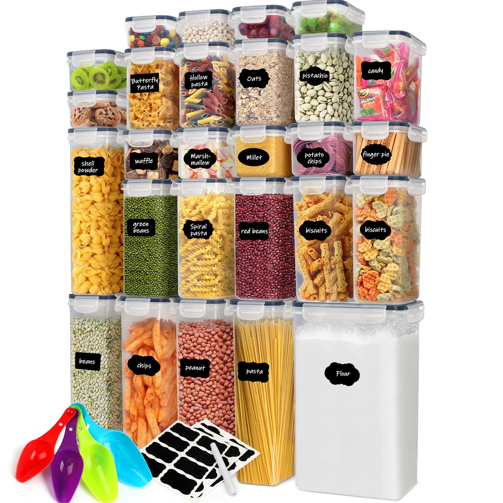 Photo 1 of 27 Pack Airtight Food Storage Container Set, Pantry kitchen organization and Storage, BPA Free Clear Plastic Storage Container with Lids, Kitchen Decor for Cereal, Dry Food Flour & Sugar with Labels, Marker & Spoon Set