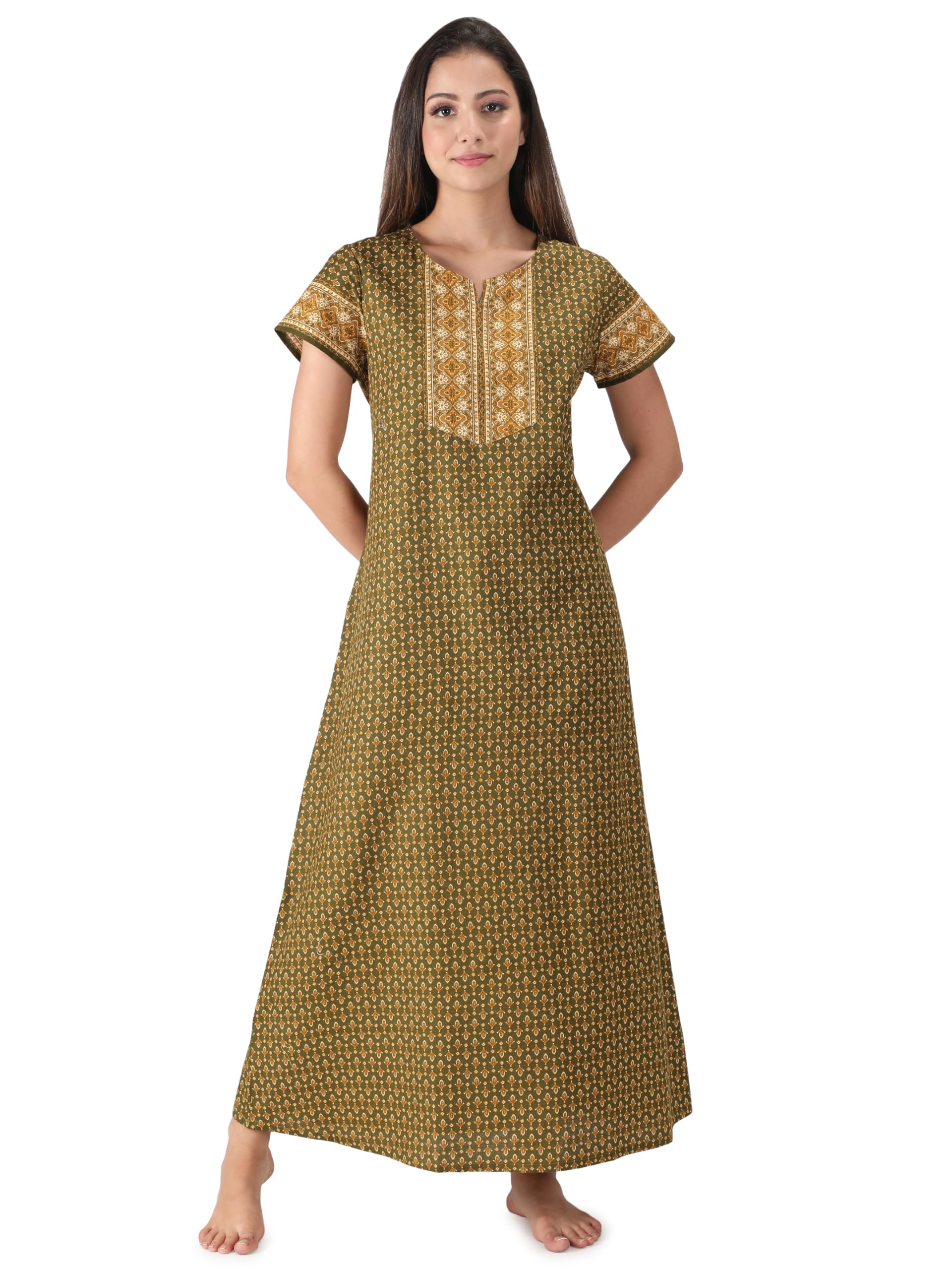 nihsamah Cotton Nighty for Women - M | Premium Printed Long Cotton Night Gown | Comfortable & Fancy Sleepwear/Nightwear/Maxi Dress (Green Colour)-picture-19