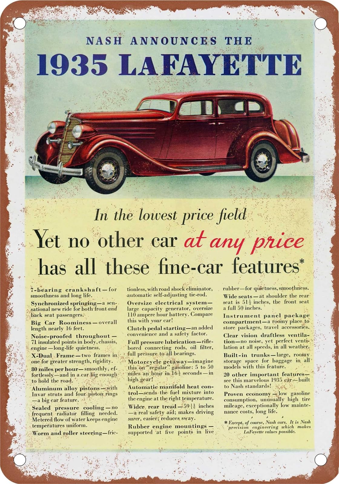 Miaomansenstore Metal Sign - 1935 Lafayette Vintage Ad 01 - Old Retro Rusty Look Home Decor