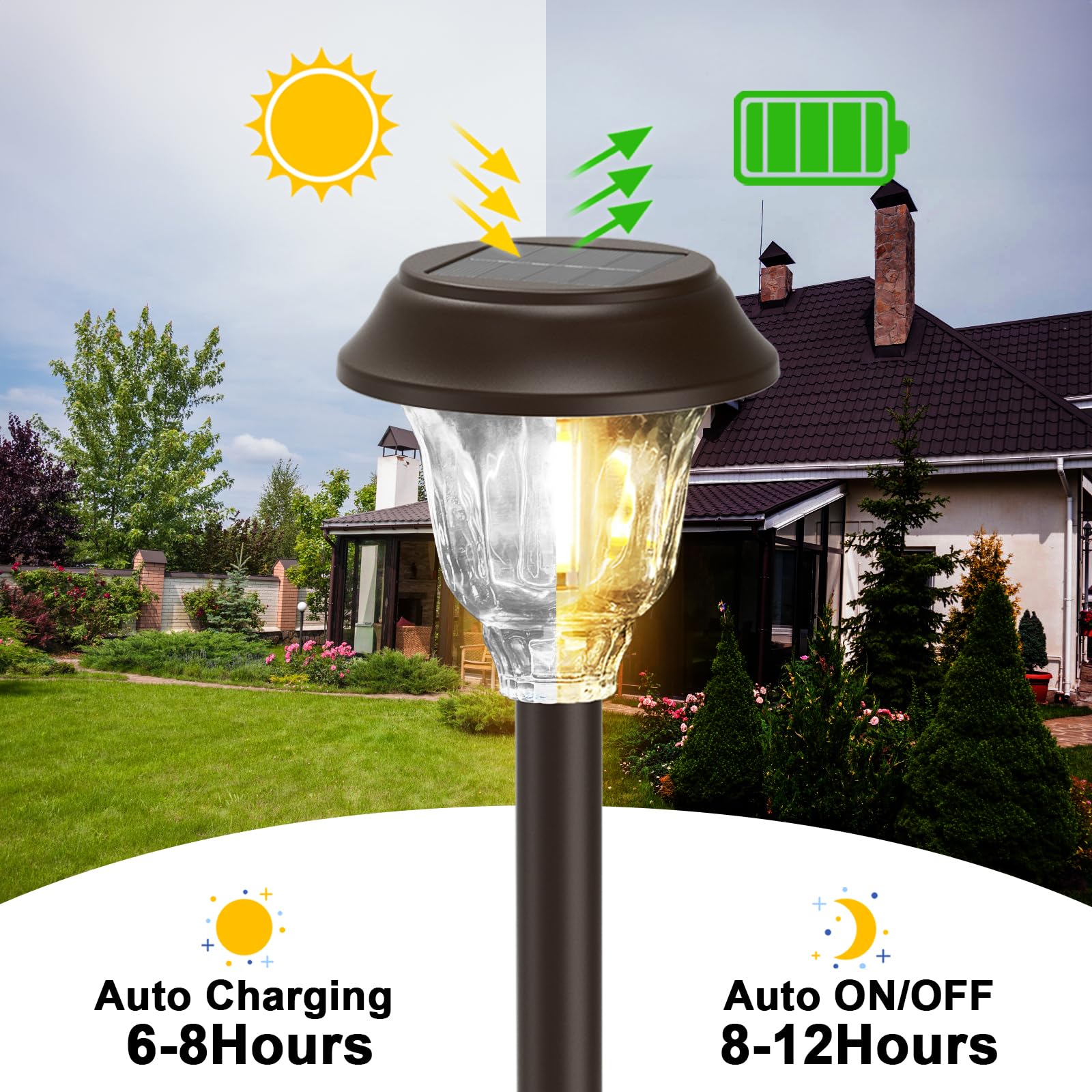 Solarleuchten für den Außenbereich, wasserdicht, Glas Metall Solar Pathway Lights, 6 Pack Outdoor Solarleuchten für Garten Hof Auffahrt, Braun