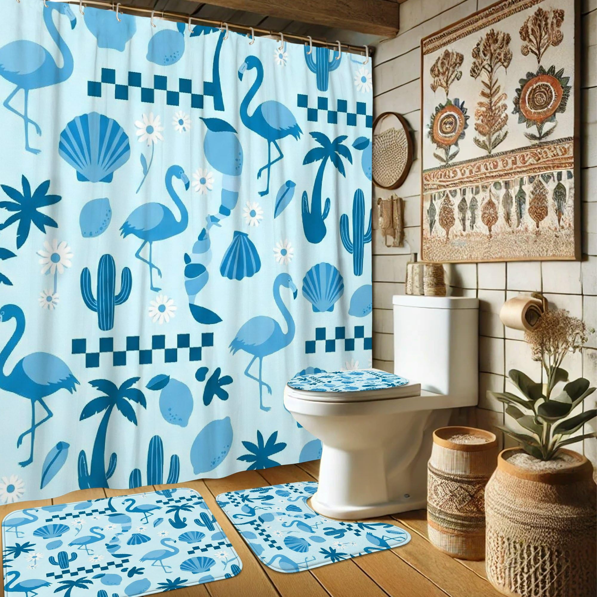 Rideau de douche en polyester 183x183 avec tapis de bain motif cactus