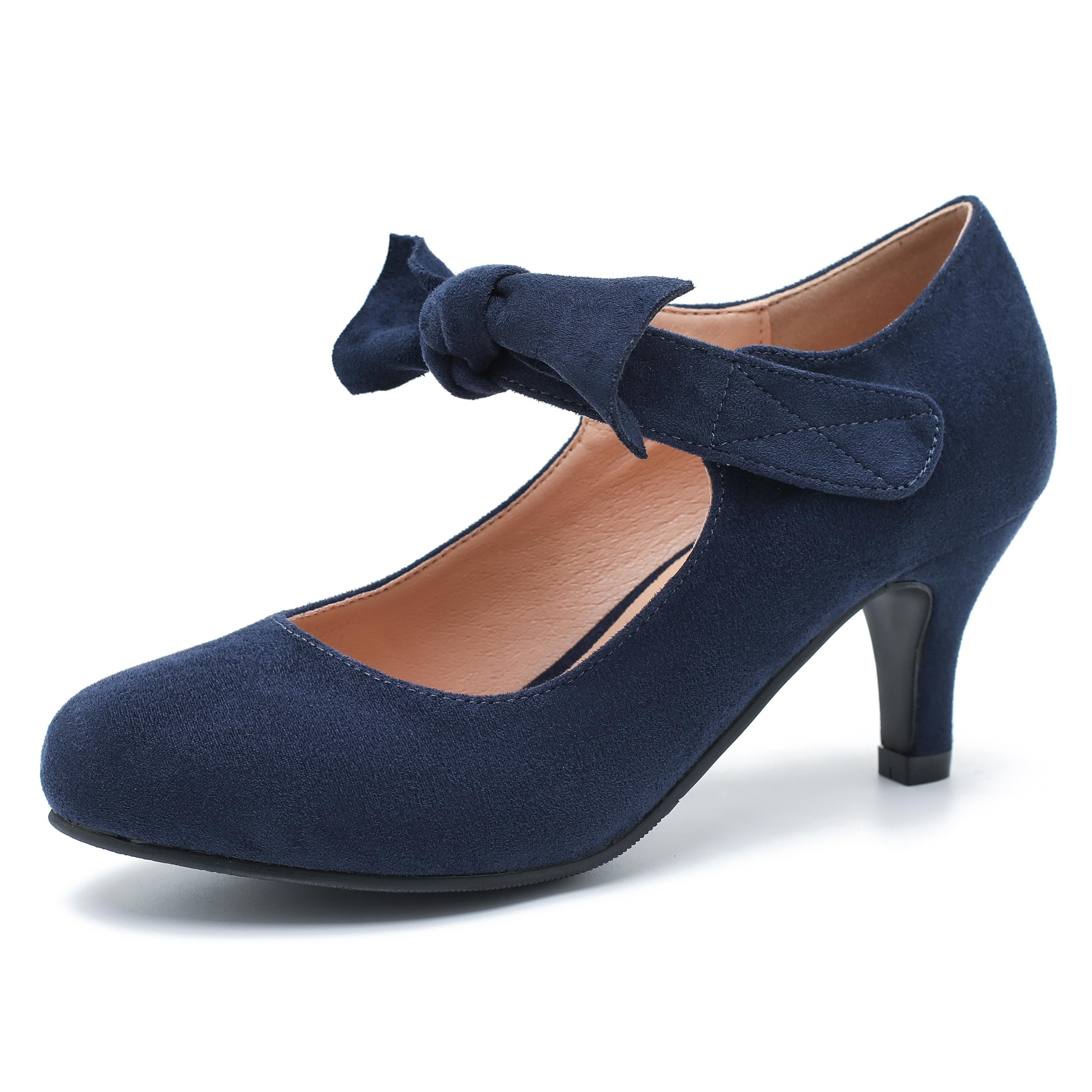Eugisy Women's Cute Bow Heels Mary Jane Low Kitten Heel Pumps Closed Toe Bowtie Ankle Strap Hook & Loop Vintage Wedding Evening Party Dress Office