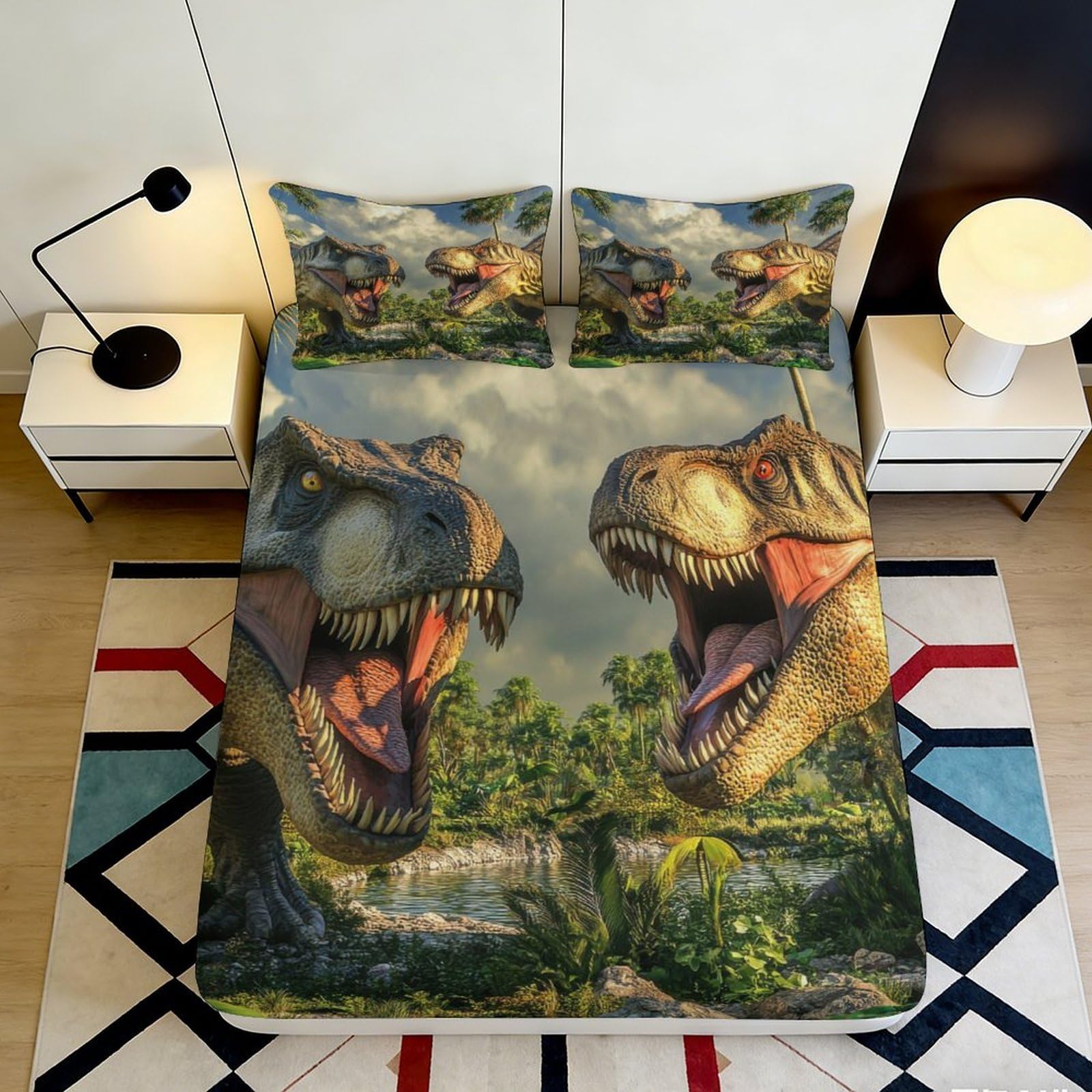 3D Printed Dinosaur Jungle Fitted Sheet Microfiber Non Slip Mattress Cover Bedroom Decor Machine Washable 90x200x25cm