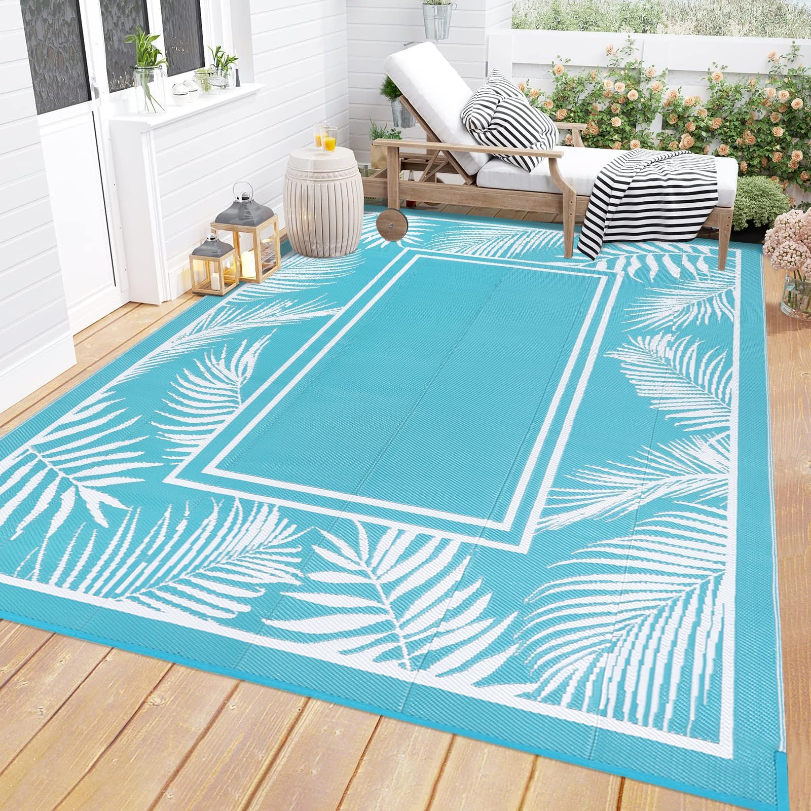 Bsmathom Waterproof Outdoor Rug 6'x9' Reversible Boho Plastic Straw Patio Deck Camping Rugs, Indoor Outdoor Portable RV Mat Clearance Carpet for Outside, Porch, Balcony, Backyard, Beach, Pool,Teal