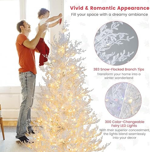 Miniatura 5 de Goplus Árbol de Navidad artificial preiluminado de 6 pies, árbol de Navidad con bisagras blancas con 383 puntas de polietileno flocado de nieve, 300