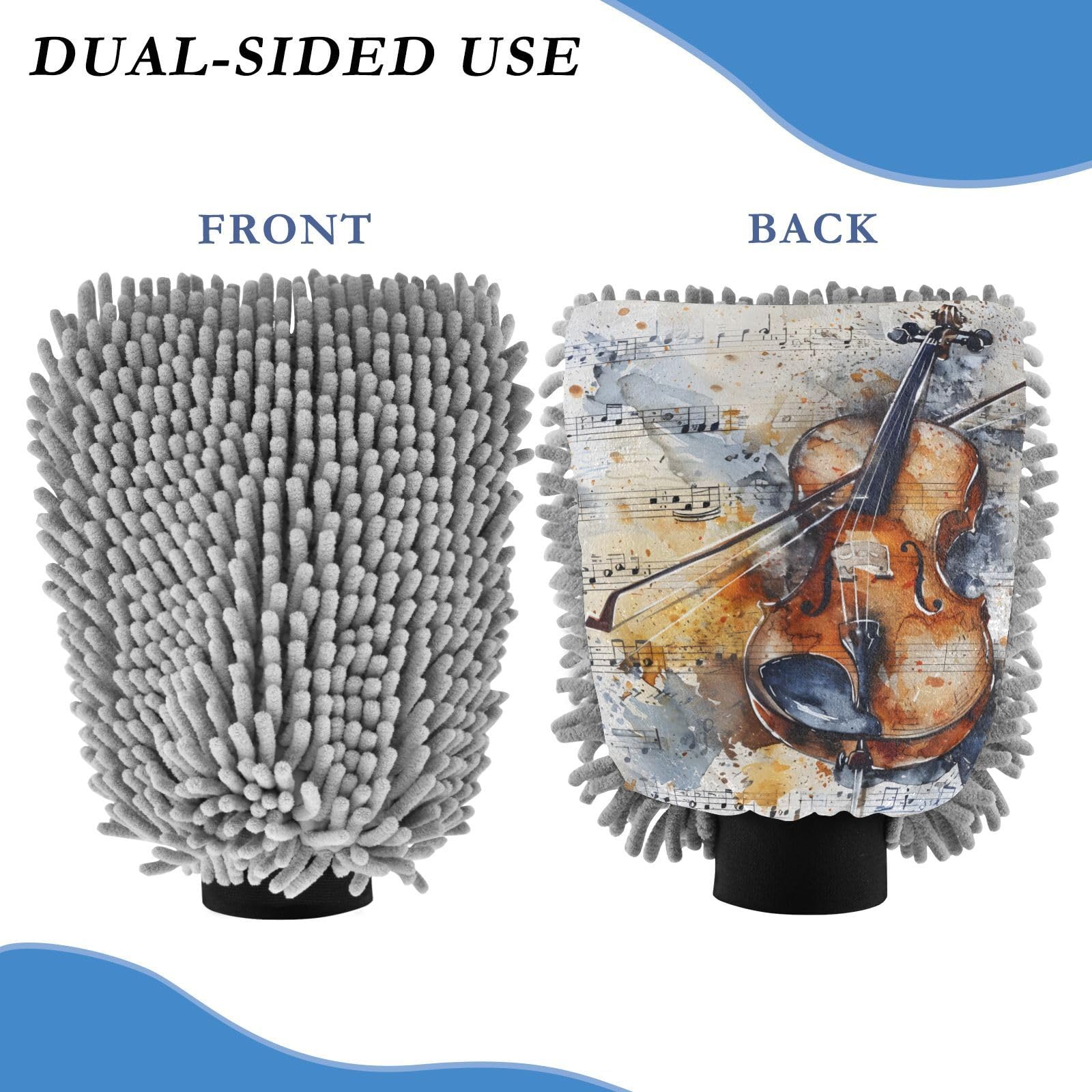 ALAZA Sheet Music Guitar Watercolour Car Wash Mitt Scratch Free, 2 Pack Absorbent Microfiber/Chenille Washing & Drying Mitts, M