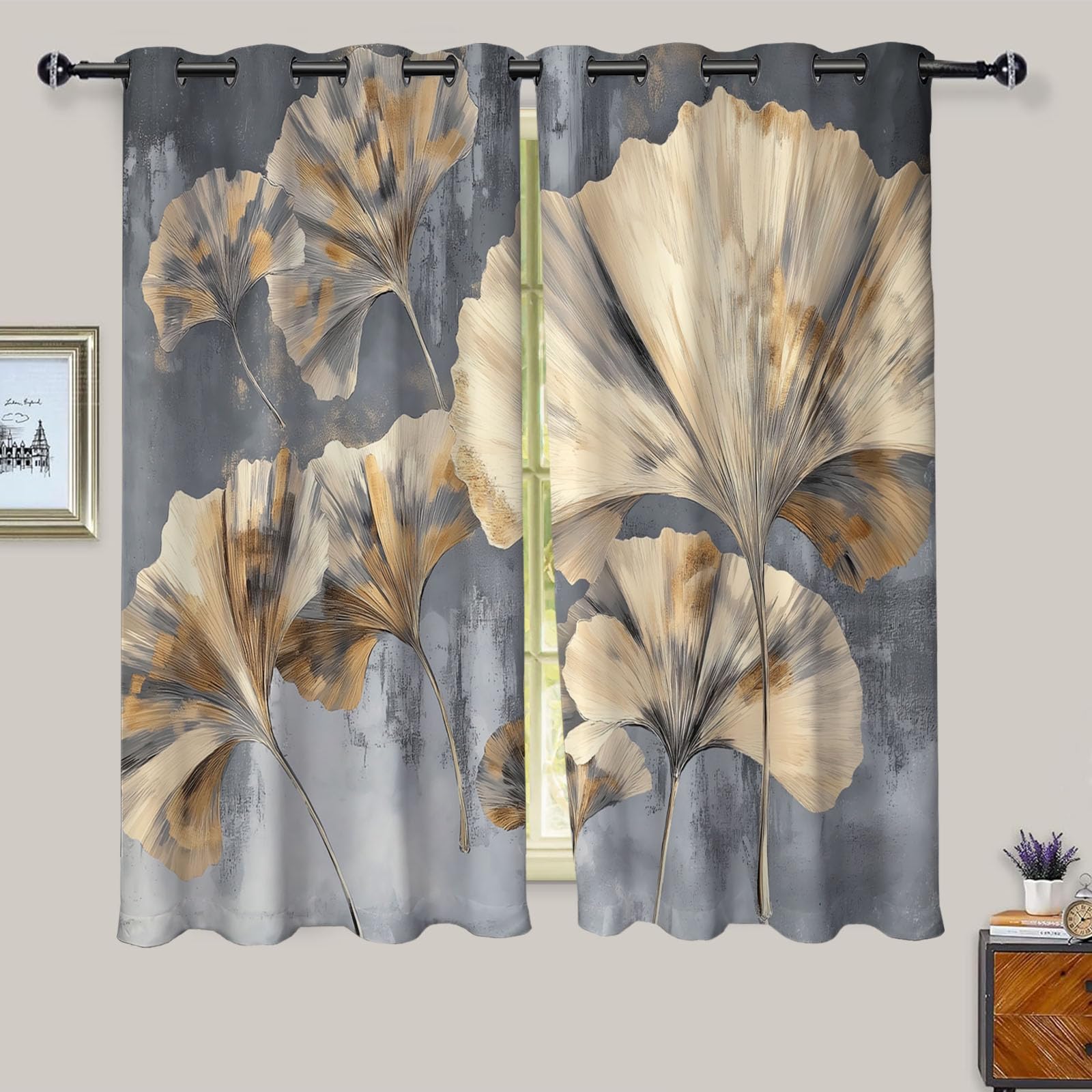 Rideau Occultant Thermiques 140x180 cm Feuille De Ginkgo Vintage Isolant Anti Froid Chaleur pour Salon Chambre Séparation de Pièce pour Cuisine Rideau Dressing Lot de 2 à Oeillets